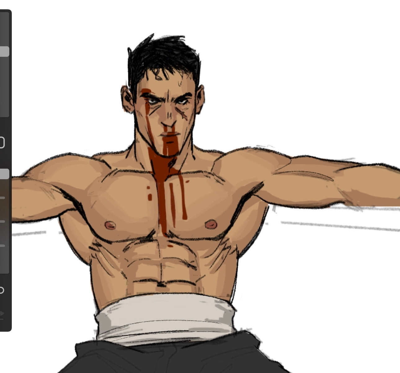 mateo but he's around 22 and as peeved as ever. leaning against the corner of a boxing ring with blood pouring from his nose and a wound on his brow, glaring past the camera at his competitor. shirtless too