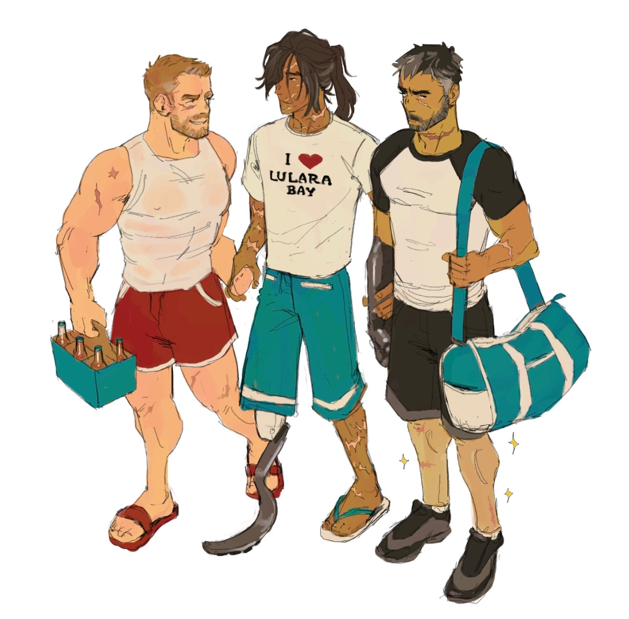 katz, kengo, and mateo from a fix-it au. going to the beach or something, with a 6 pack of cider or beer or something. mateo is wearing shorts and his legs are pasty. kengo's shirt says i <3 lulara