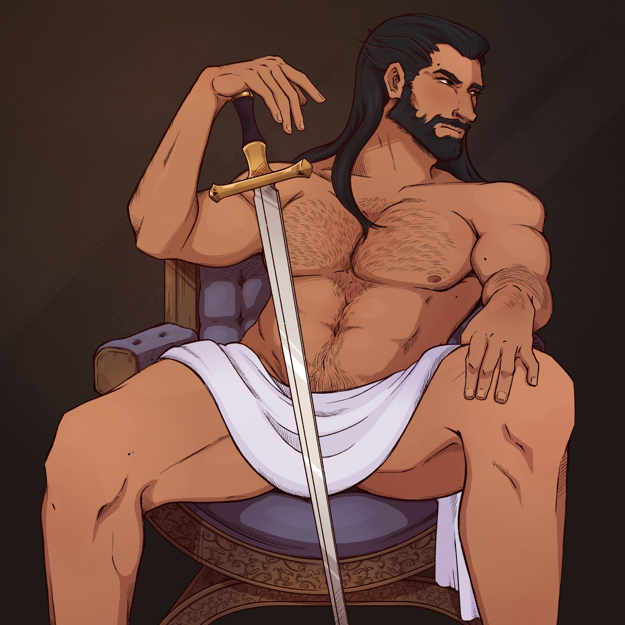 Lucanis Dellamorte from Dragon Age sitting in a chair holding a rapier and wearing nothing but a towel