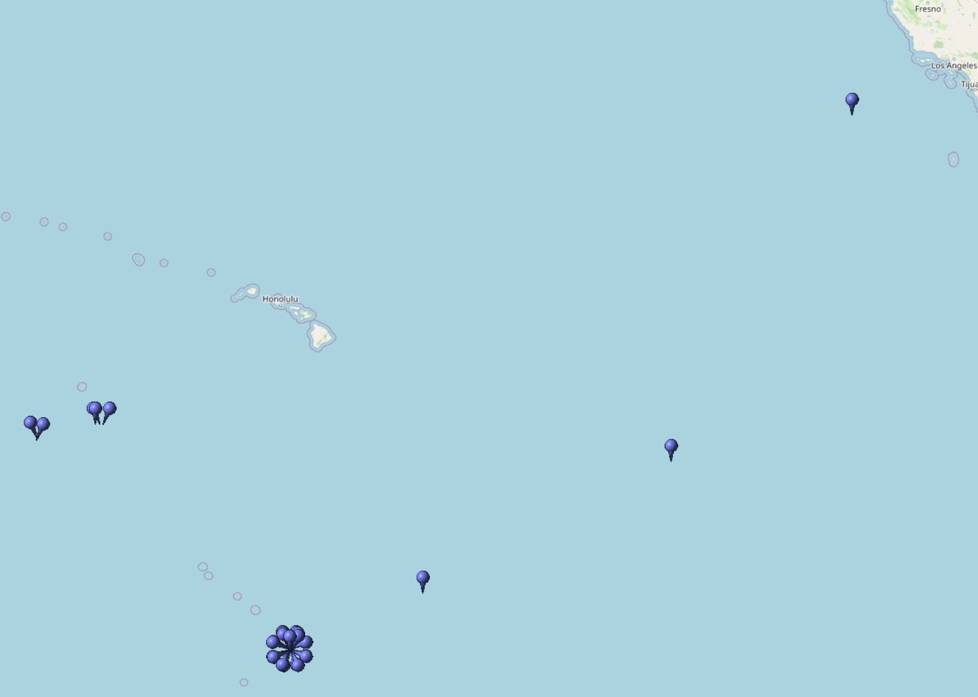 Kartierung aller Koordinaten von "Operation Dominic" (Atomtest) im Testgebiet Pazifik (I) / Nevada Test Site (II)
Quelle: OpenStreetMap
Lizenz: Open Data Commons Open Database-Lizenz (ODbL)