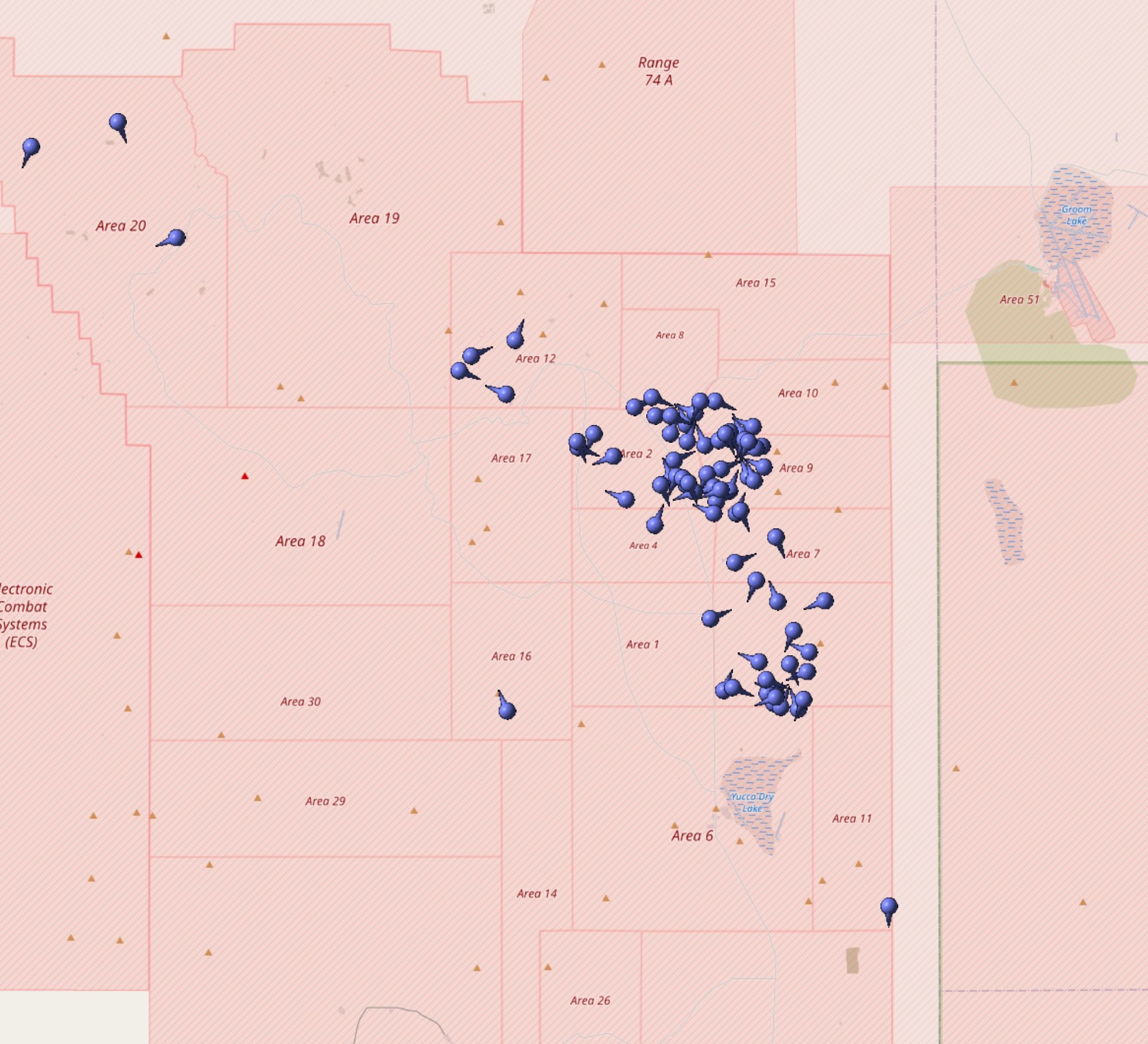 Kartierung aller Koordinaten von "Operation Mandrel (Atomtest)" im Testgebiet Nevada (Nevada National Security Site, NNSS)
Quelle: OpenStreetMap
Lizenz: Open Data Commons Open Database-Lizenz (ODbL)