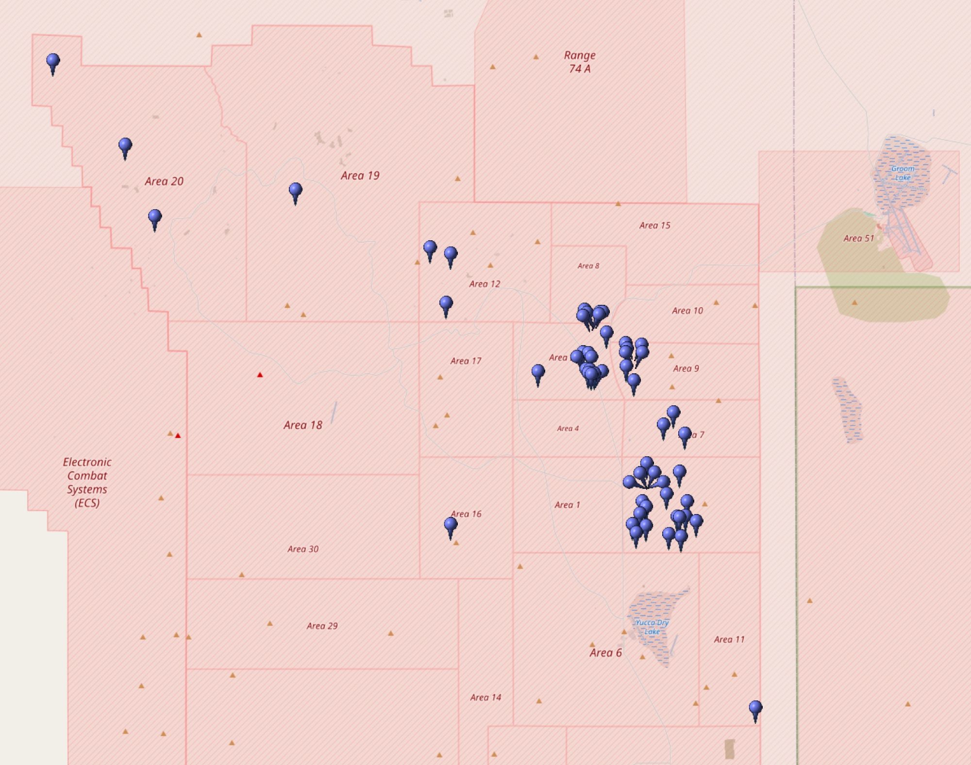 Kartierung aller Koordinaten von "Operation Bowline (Atomtest)" im Testgebiet Nevada (Nevada National Security Site, NNSS)
Quelle: OpenStreetMap
Lizenz: Open Data Commons Open Database-Lizenz (ODbL)