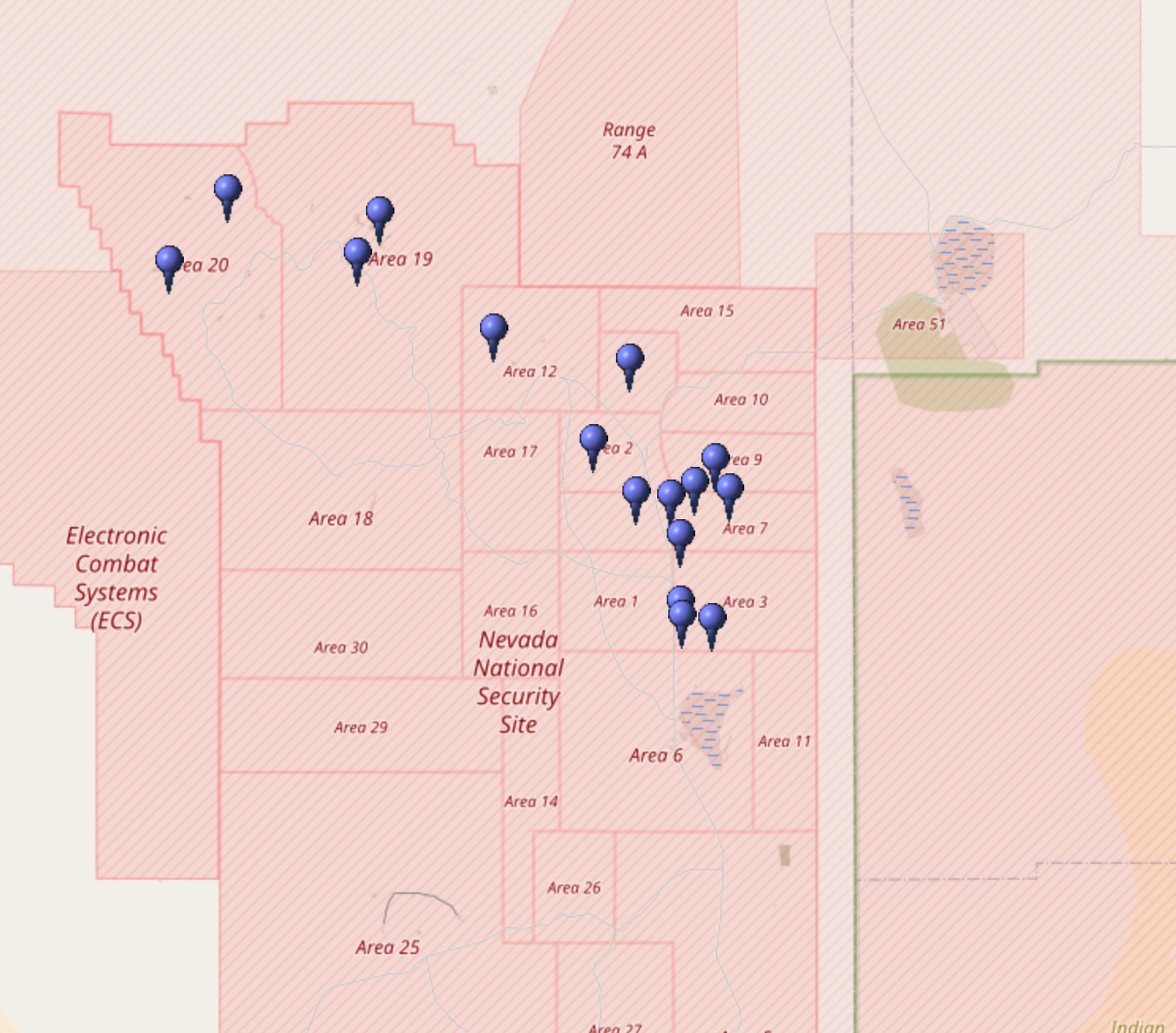 Kartierung aller Koordinaten von "Operation Grenadier (Atomtest)" im Testgebiet Nevada (Nevada National Security Site, NNSS)
Quelle: OpenStreetMap
Lizenz: Open Data Commons Open Database-Lizenz (ODbL)