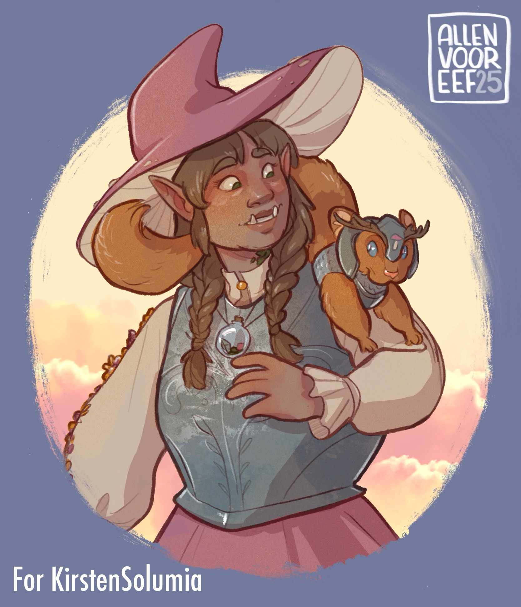 A waist up drawing of a planetouched orc with long braids and a pink mushroom hat, and her fey familiar in the shape of a ferret wearing armor.