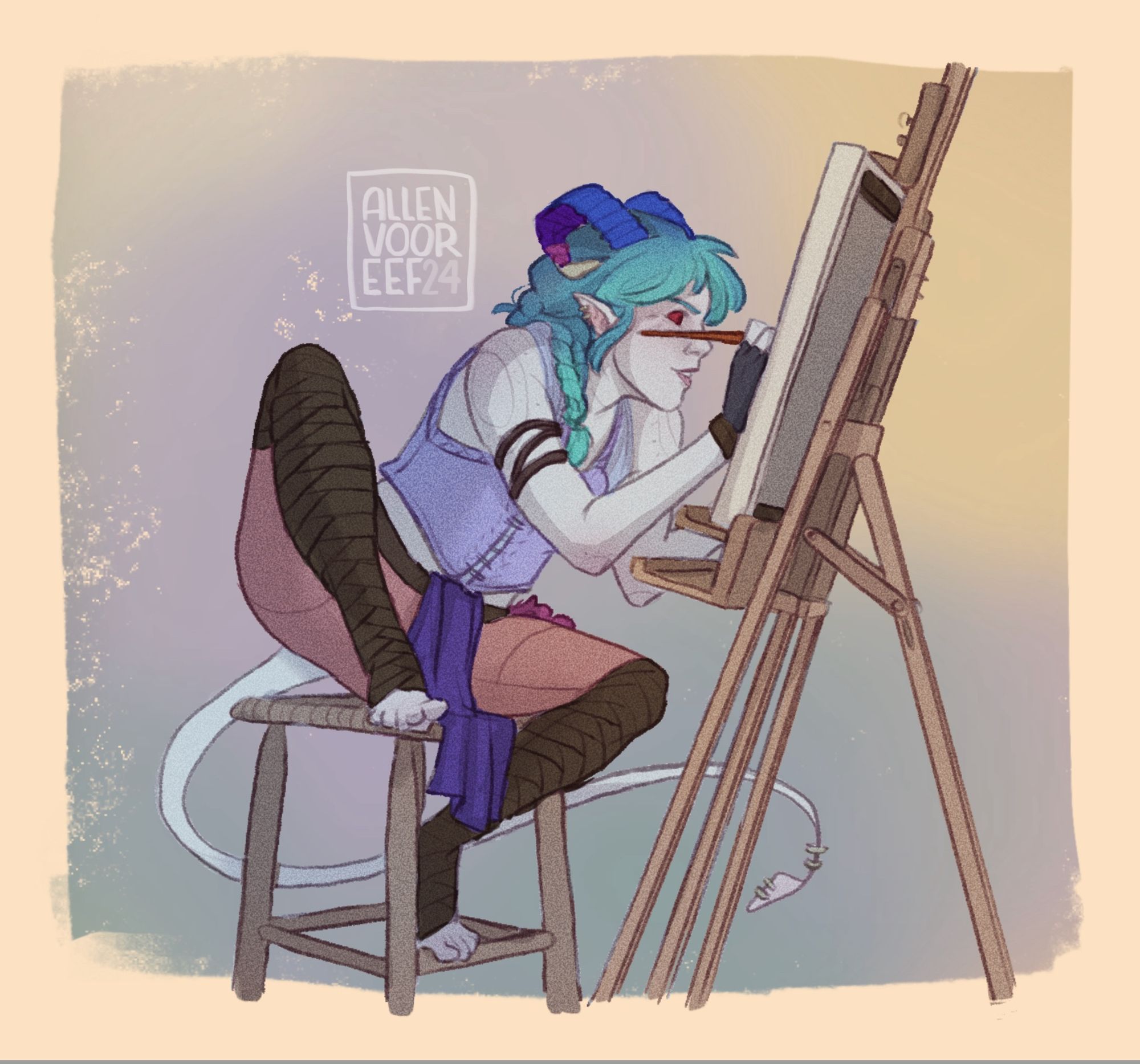 A drawing of a lavender tiefling painting on an easel while sat on a stool with terrible posture.