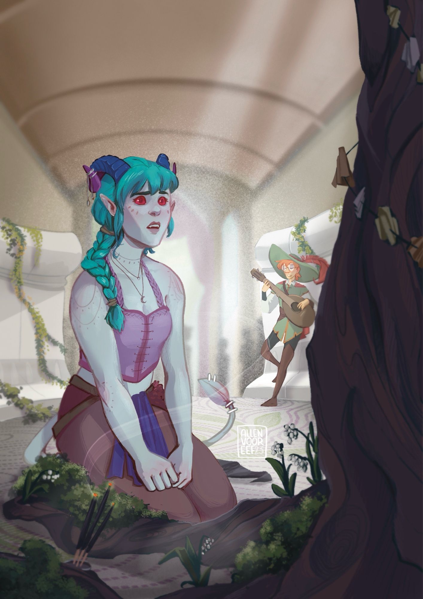 Annori kneeling down before the big tree in the Wildmother shrine. She is praying with a worried expression, while Kevin plays a quiet tune in the background.