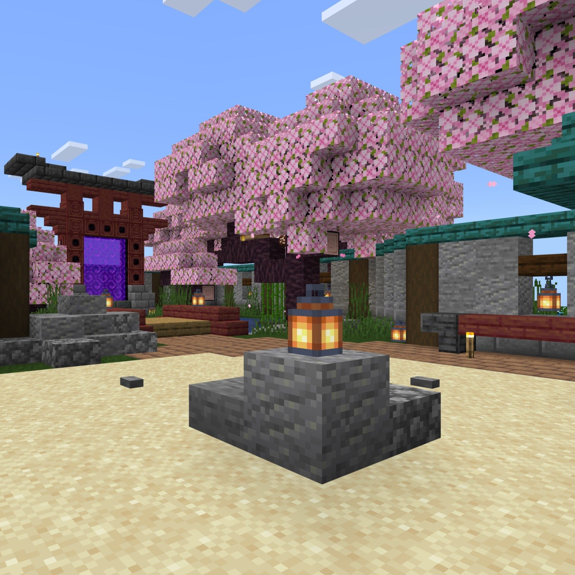 Japanese inspired zen garden with nether portal built in Minecraft.