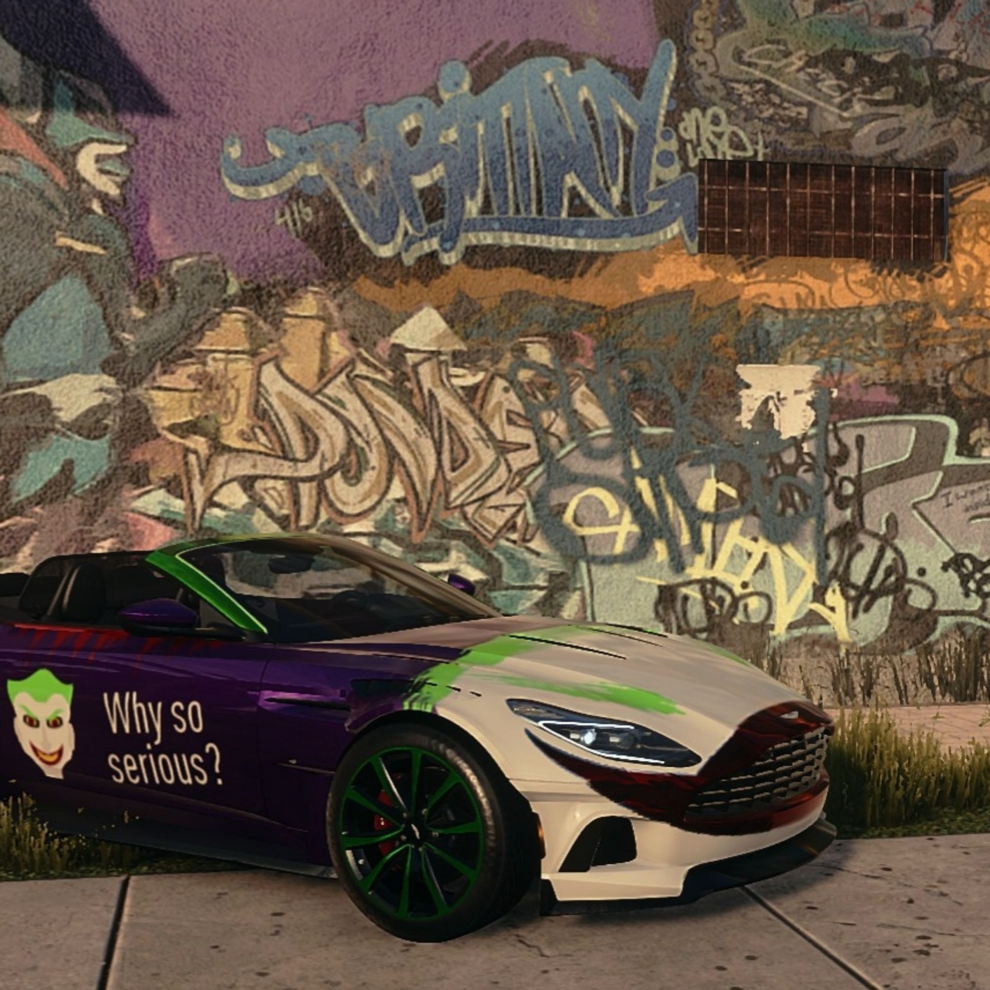 Aston Martin DB11 with Batman Joker paint scheme on Need for Speed: Heat