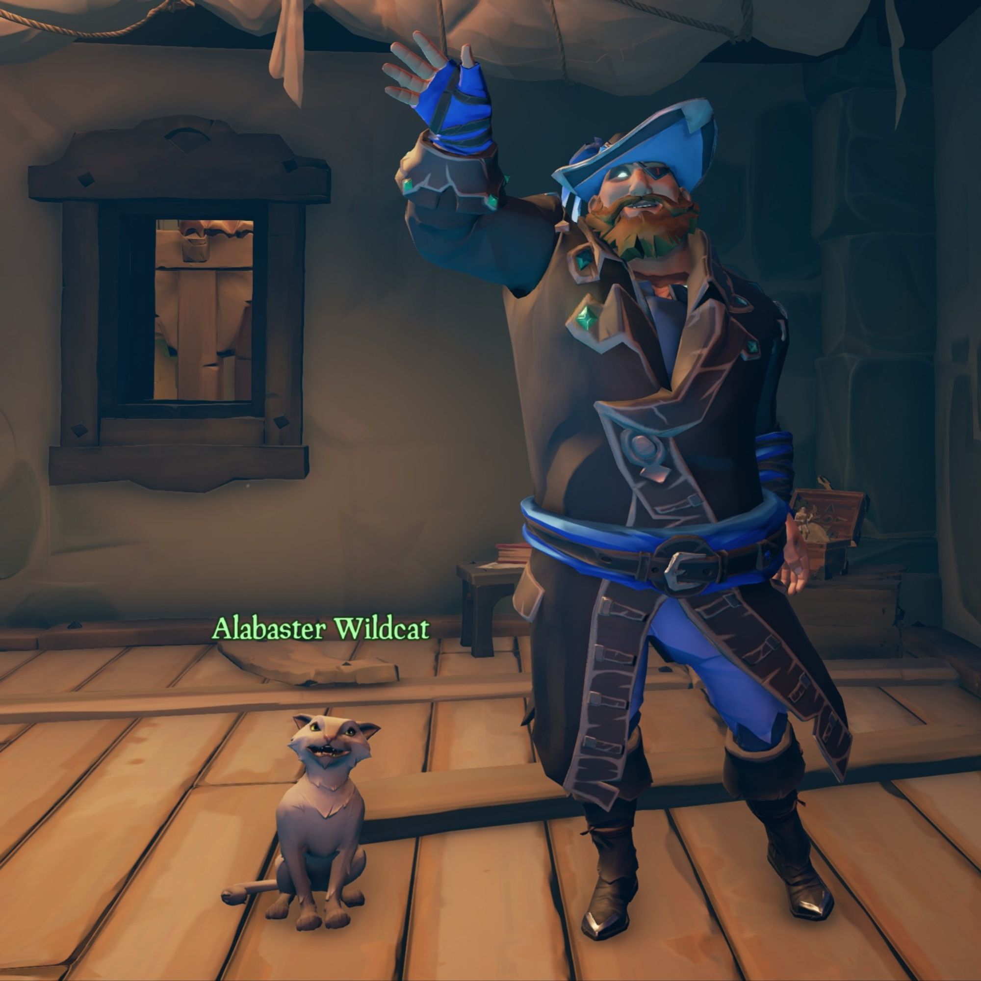 Pirate standing in a tavern with white cat sitting beside.