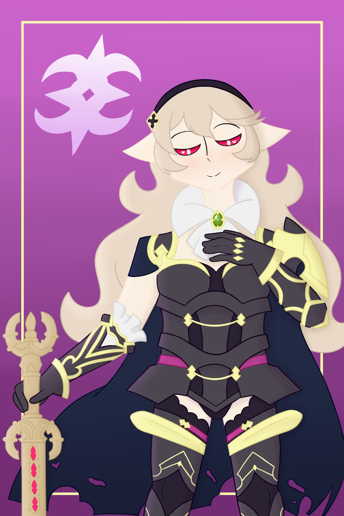 Corrin from Fire emblem fates in her Nohr noble armor, against a purple background with the Nohrian Crest symbol. She is holding her sword the yato in her right hand.