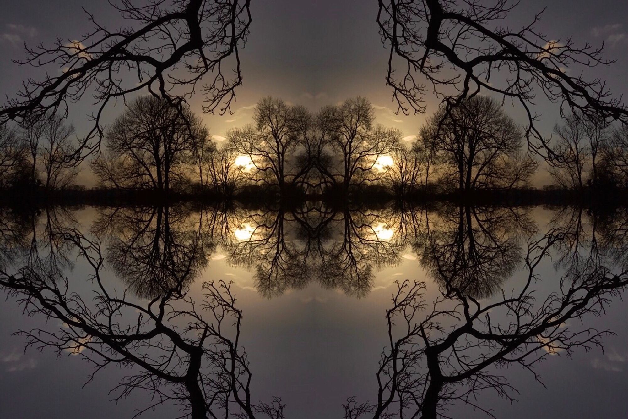 Seemingly a photo of a river, with reflected trees. On closer examination the image is purely one photo mirrored four times. Central to the image is the give away, where a symmetrical arch , gateway, or simply a pattern is formed. A line of wintered trees, silhouetted, all framed by four symmetrical oak branches. Dust light, a sinking sun, goods and tones of deep blues to purple.