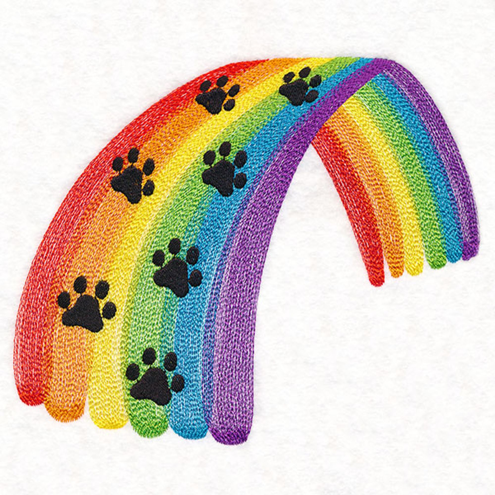 Seven black pawprints crossing over a rainbow bridge