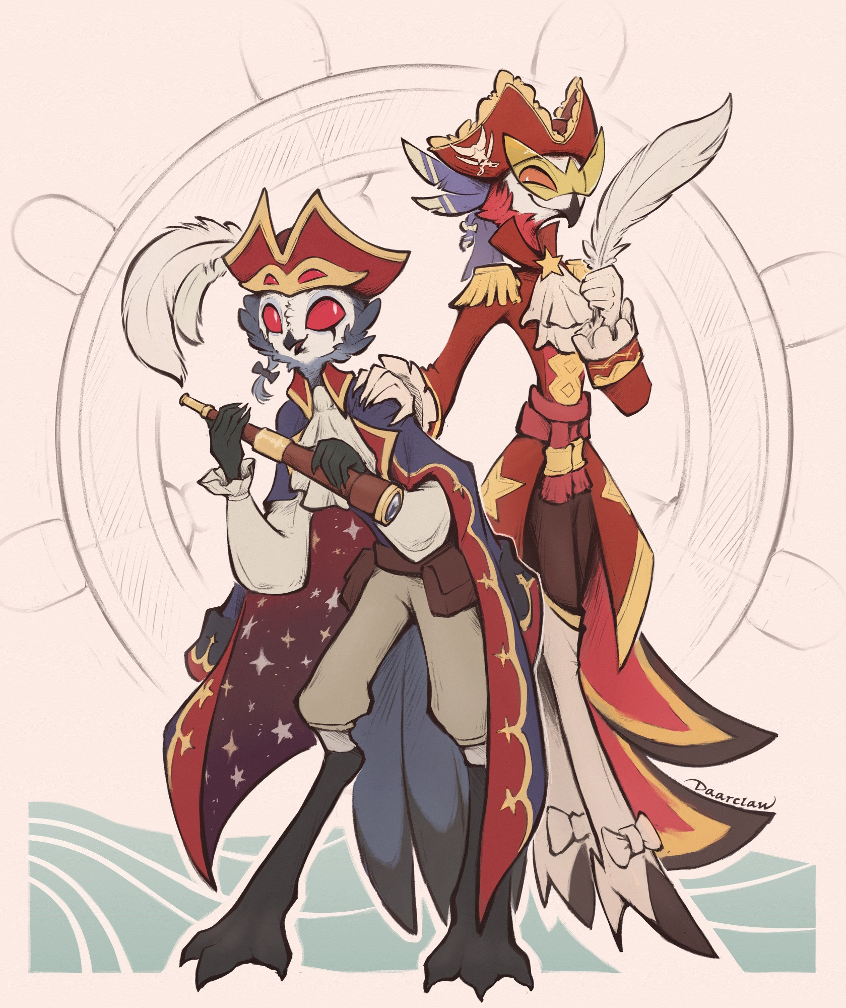 A digital painting featuring Stolas (on the left) and Vassago (on the right) from Helluva Boss in their pirate-themed outfits