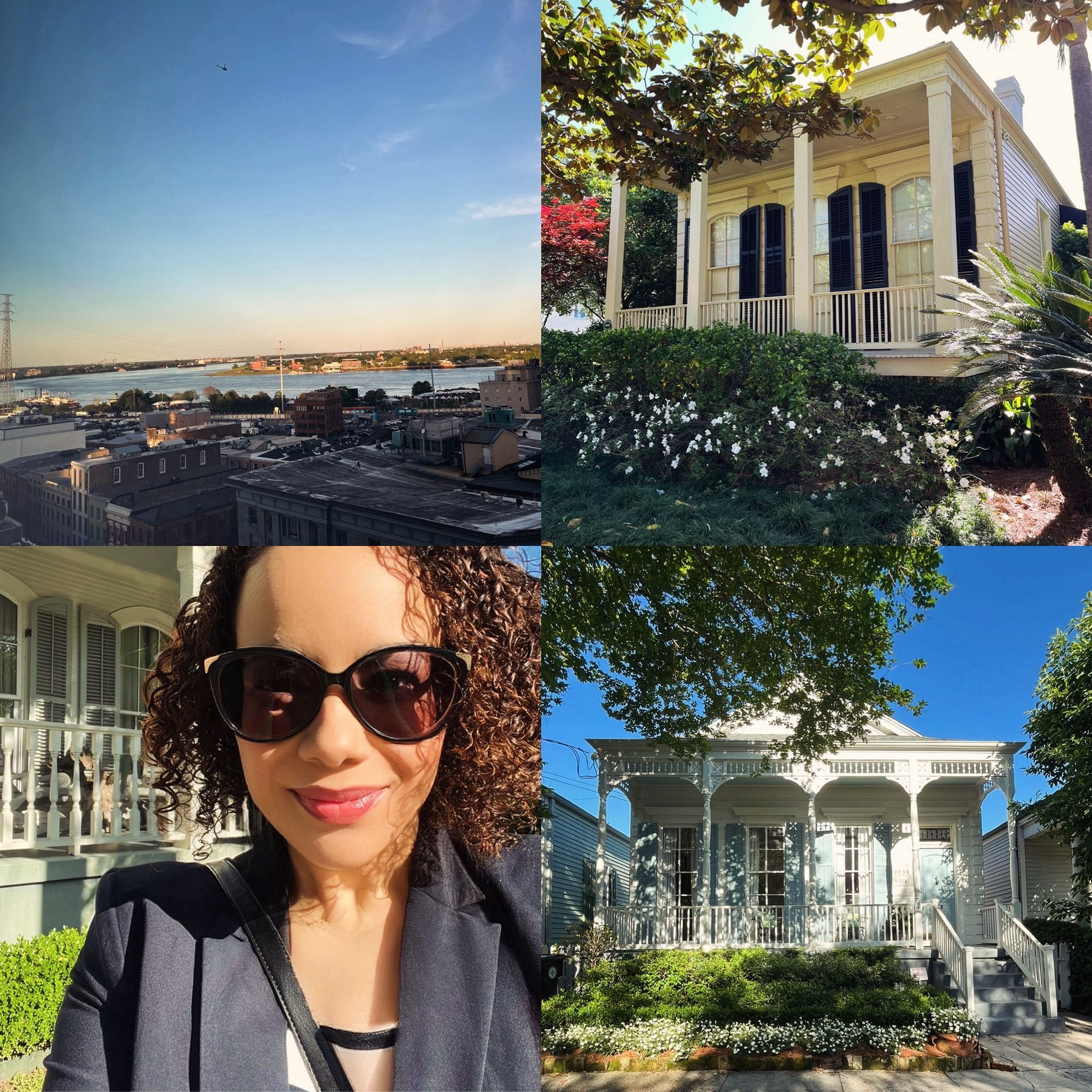 Collage of 4 photos: river view, selfie with sunglasses, and two houses.