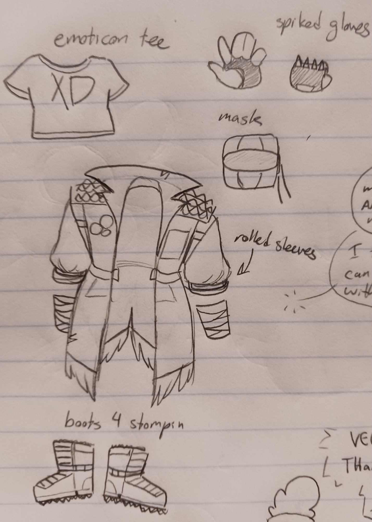 drawing that details Honk's outfit. text reads "emotion tee", "mask", "spiked gloves", "rolled sleeves", and "boots 4 stompin".