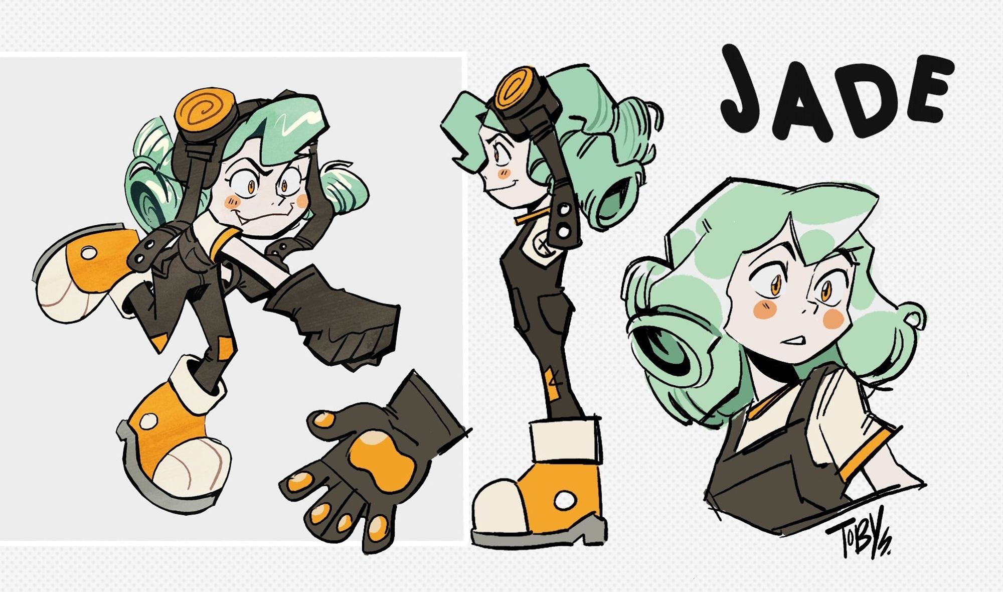 A frog-like villain character, Jade! She has light seafoam green curls — goggles with a swirl on her head and wears gloves.