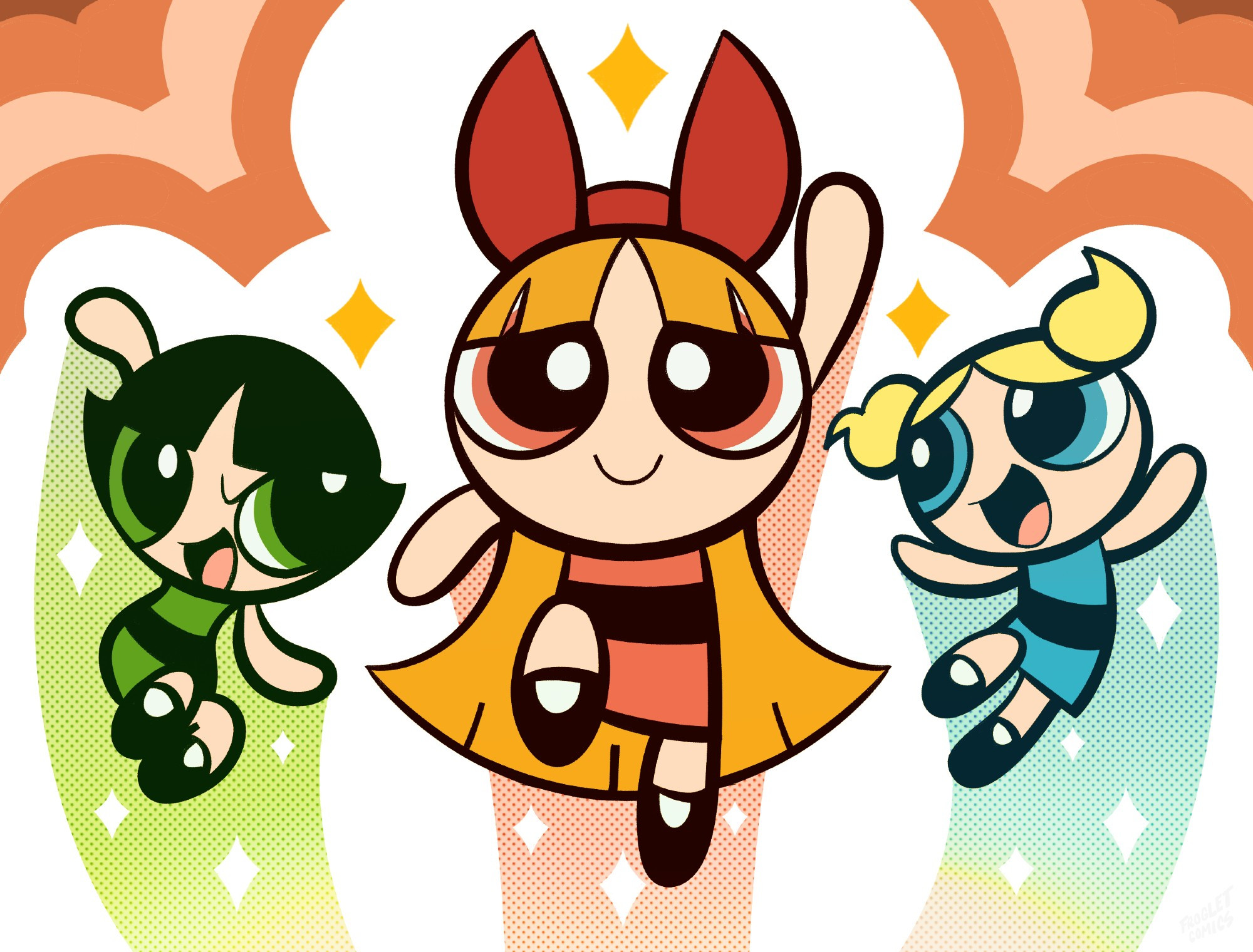 An illustration of the Powerpuff Girls is shown in the image. From left to right, the characters are Buttercup, Blossom, and Bubbles.