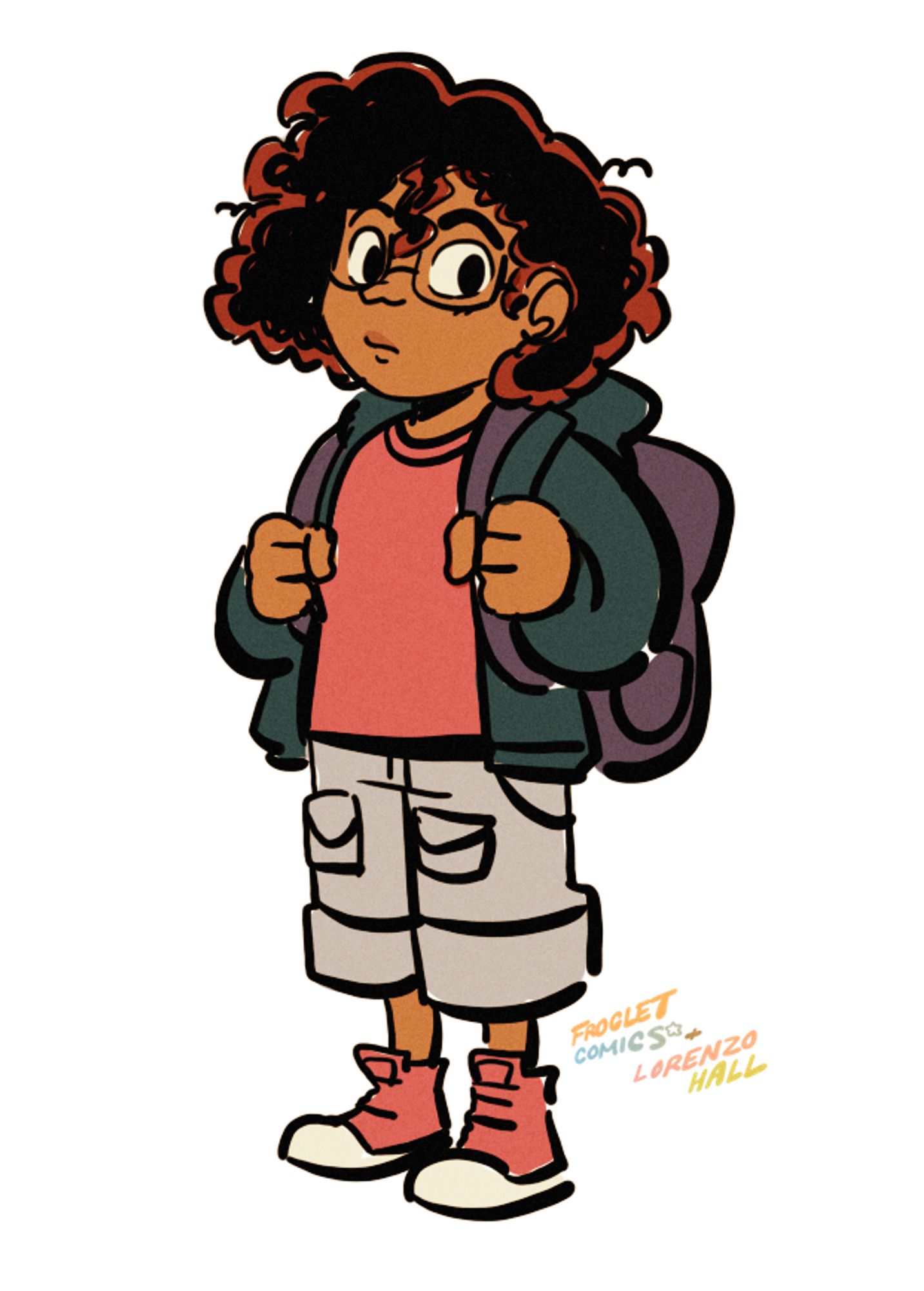 A sketch of a little kid wearing a backpack