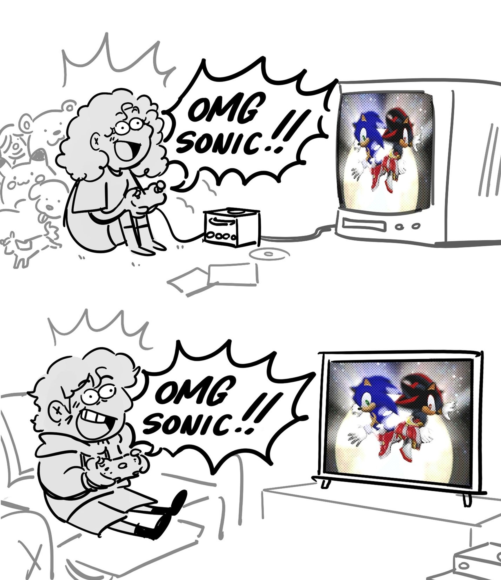 A comic of younger me, sitting on the floor playing sa2. I'm yelling 'OMG SONIC!!!!'

A second panel of older me, sitting on a couch. I'm yelling 'OMG SONIC!!!'