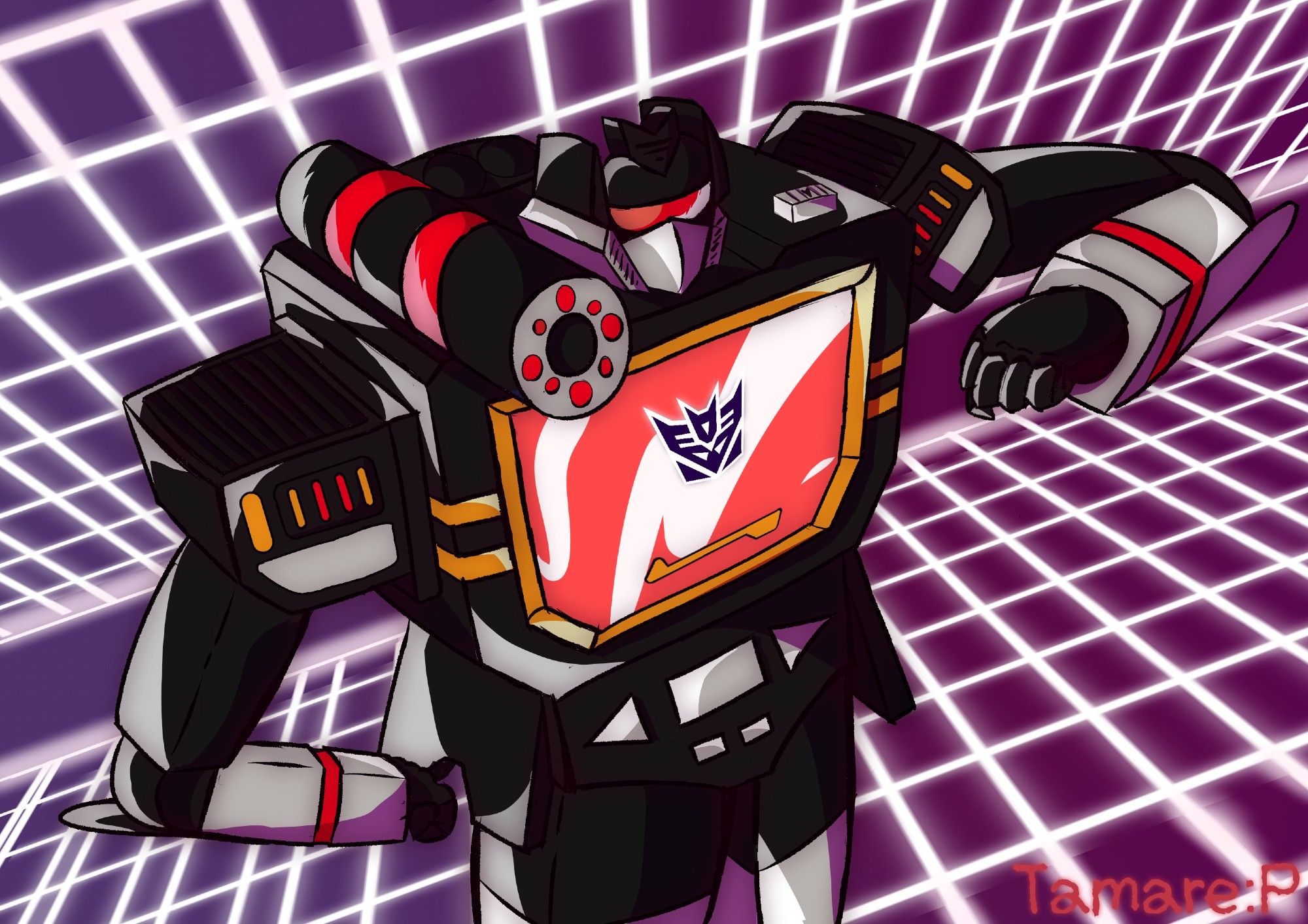 Decepticon Soundwave raising his arm like if he's looking at a wrist clock with black nd red colors of his clone Soundblaster