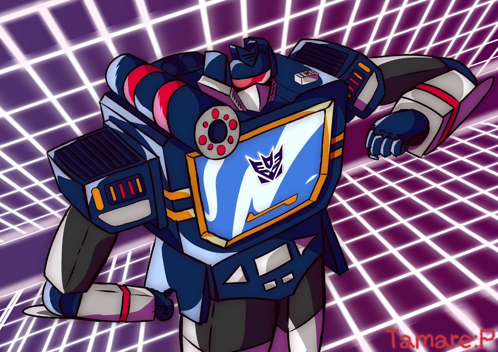 Decepticon Soundwave raising his arm like if he's looking at a wrist clock with his normal color scheme