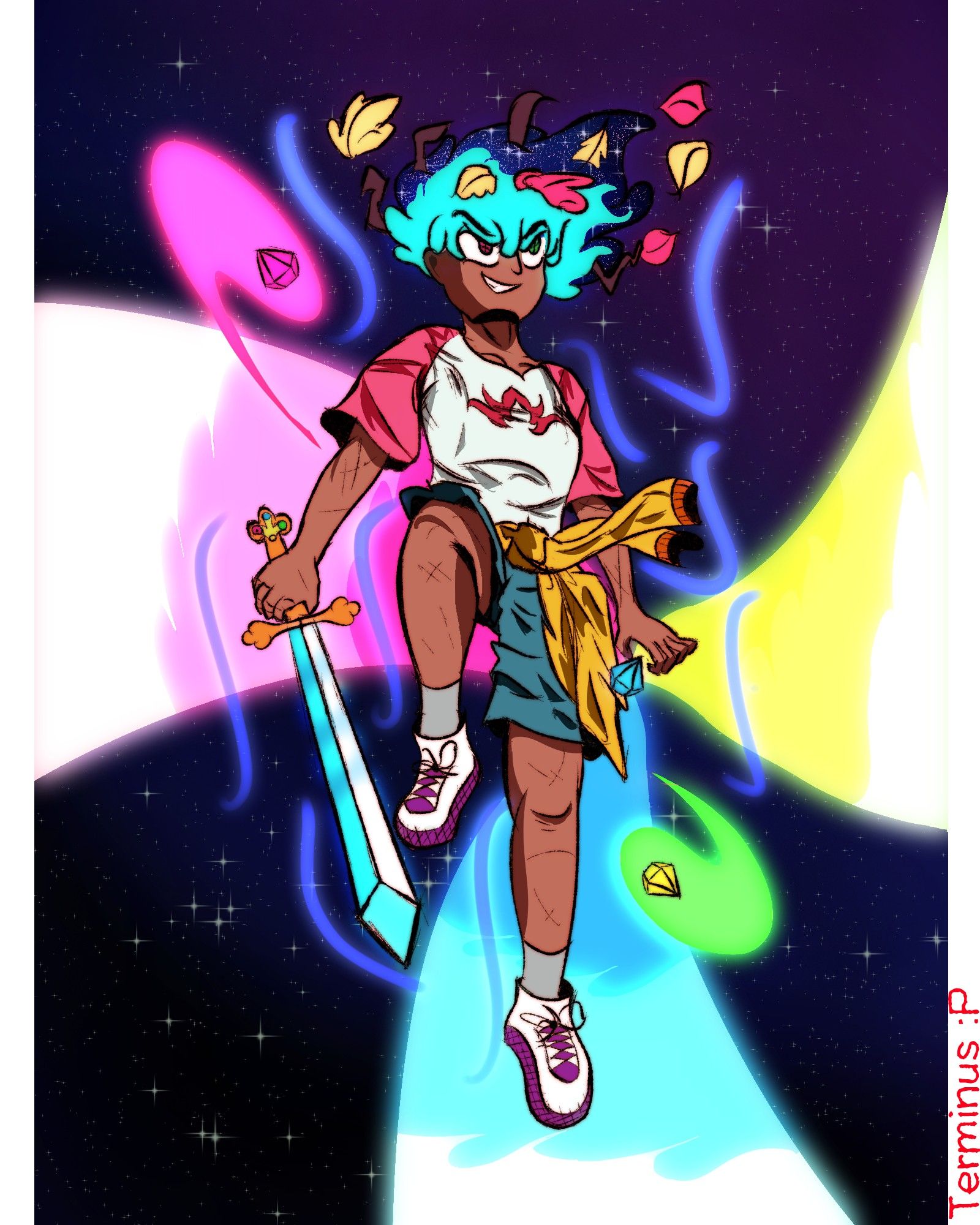 Anne from amphibia floating in space on her super form transforming into her cosmic self, holding her sword and with the calamity gems flying on circles around her