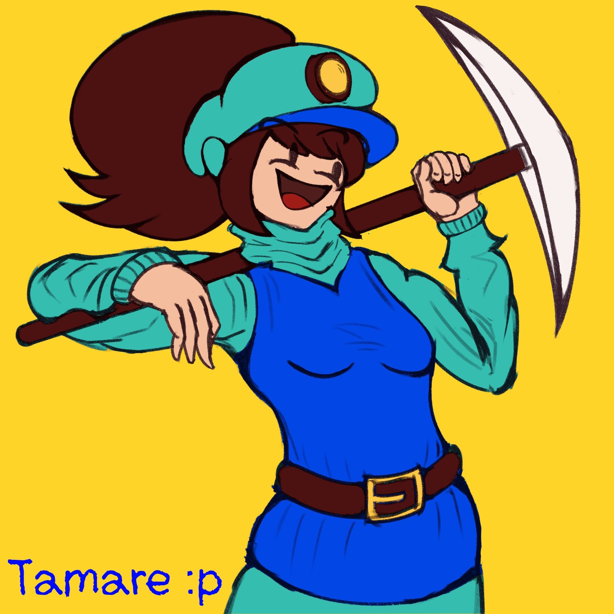 Annalyn from the game of the same name laughing while having her pickaxe behind her shoulders