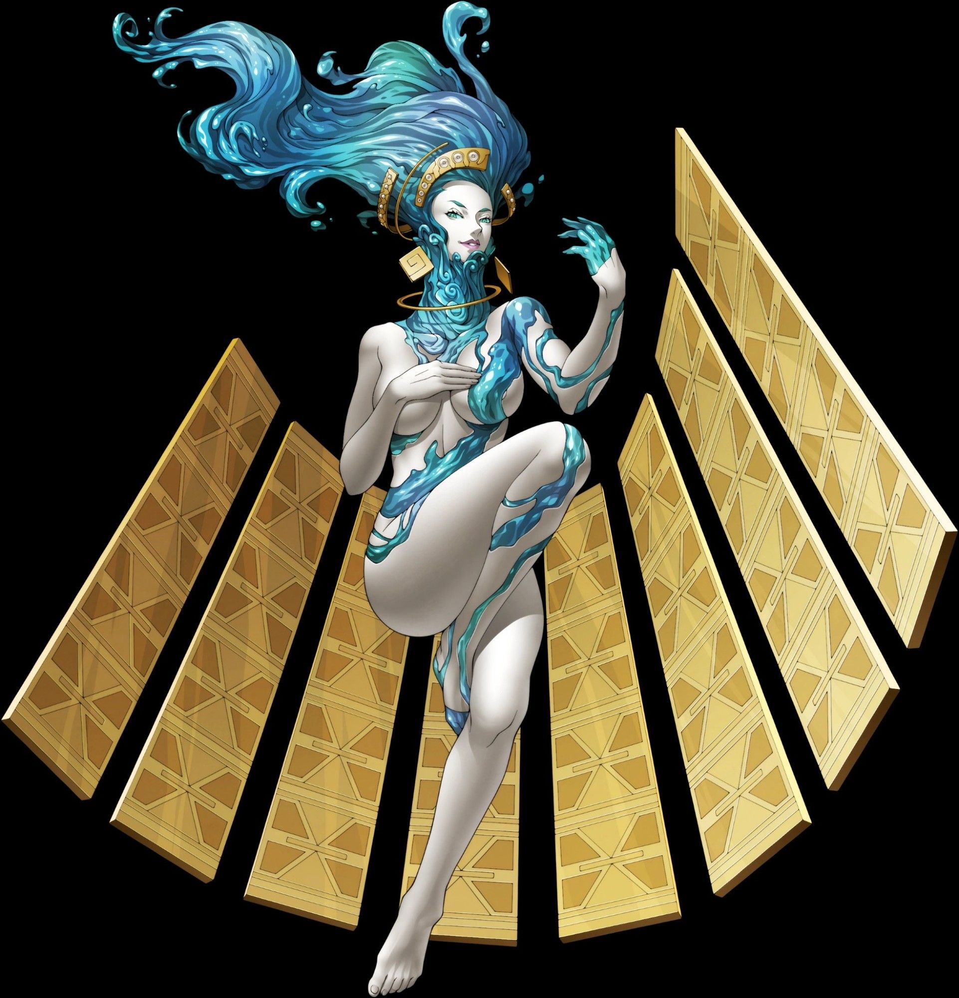 Anahita de Shin Megami tensei. Uma mulher pálida e nua com moticos aquáticos tatuados no corpo. O cabelo dela tem a forma de uma onda e ela está cercada por retângulos longos formando um leque atrás de si.