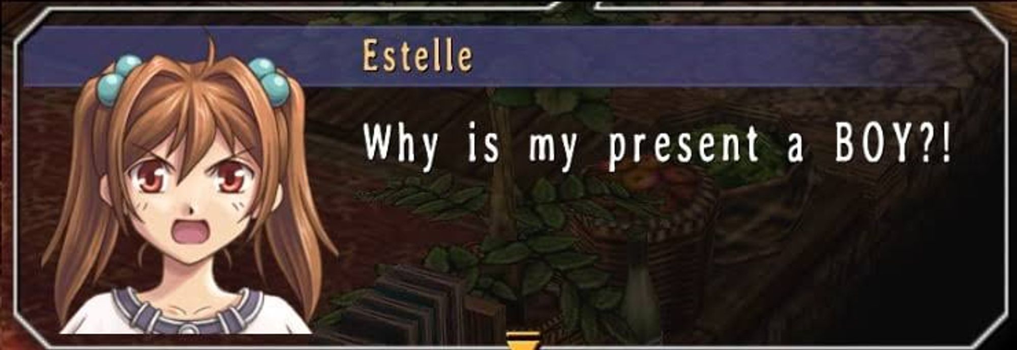 Estelle, a girl with twintails and red eyes saying "Why is my present a BOY?!"