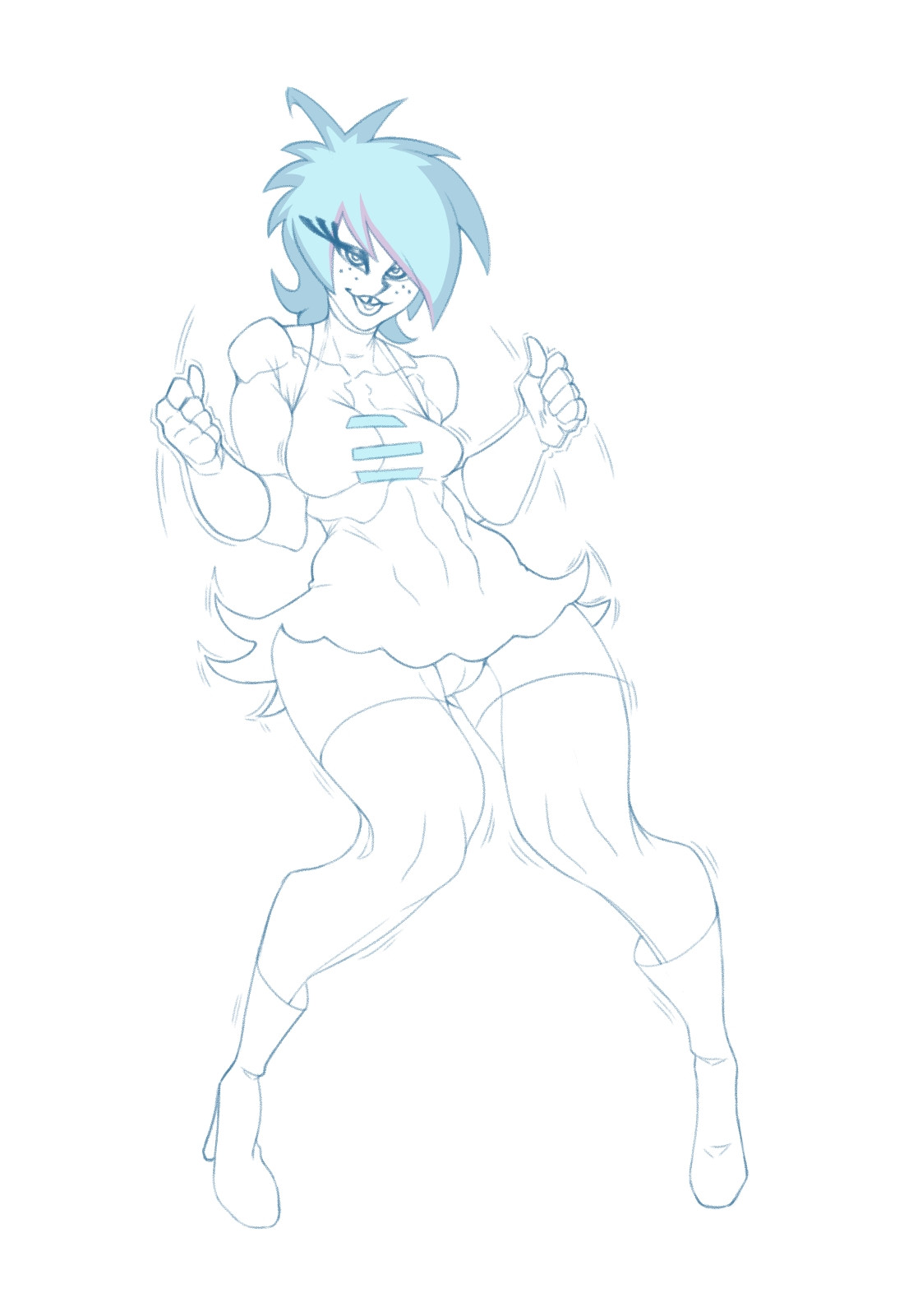 Agent Xero disguised as Lacey Shadows doing a dance wearing a skimpy, revealing one piece dress with boots and gloves