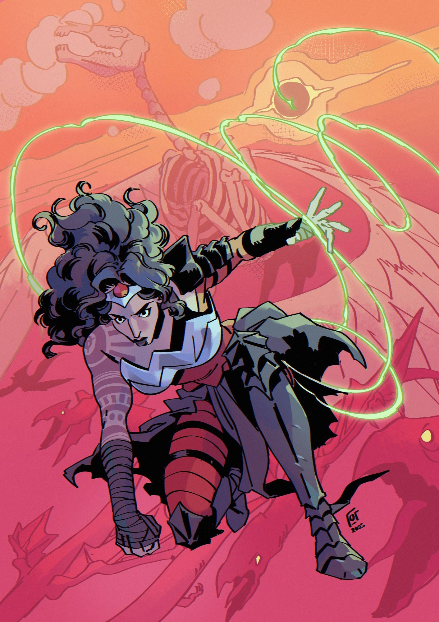 Wonder Woman kneeling on one knee with her whip in her hand on a orange and red background