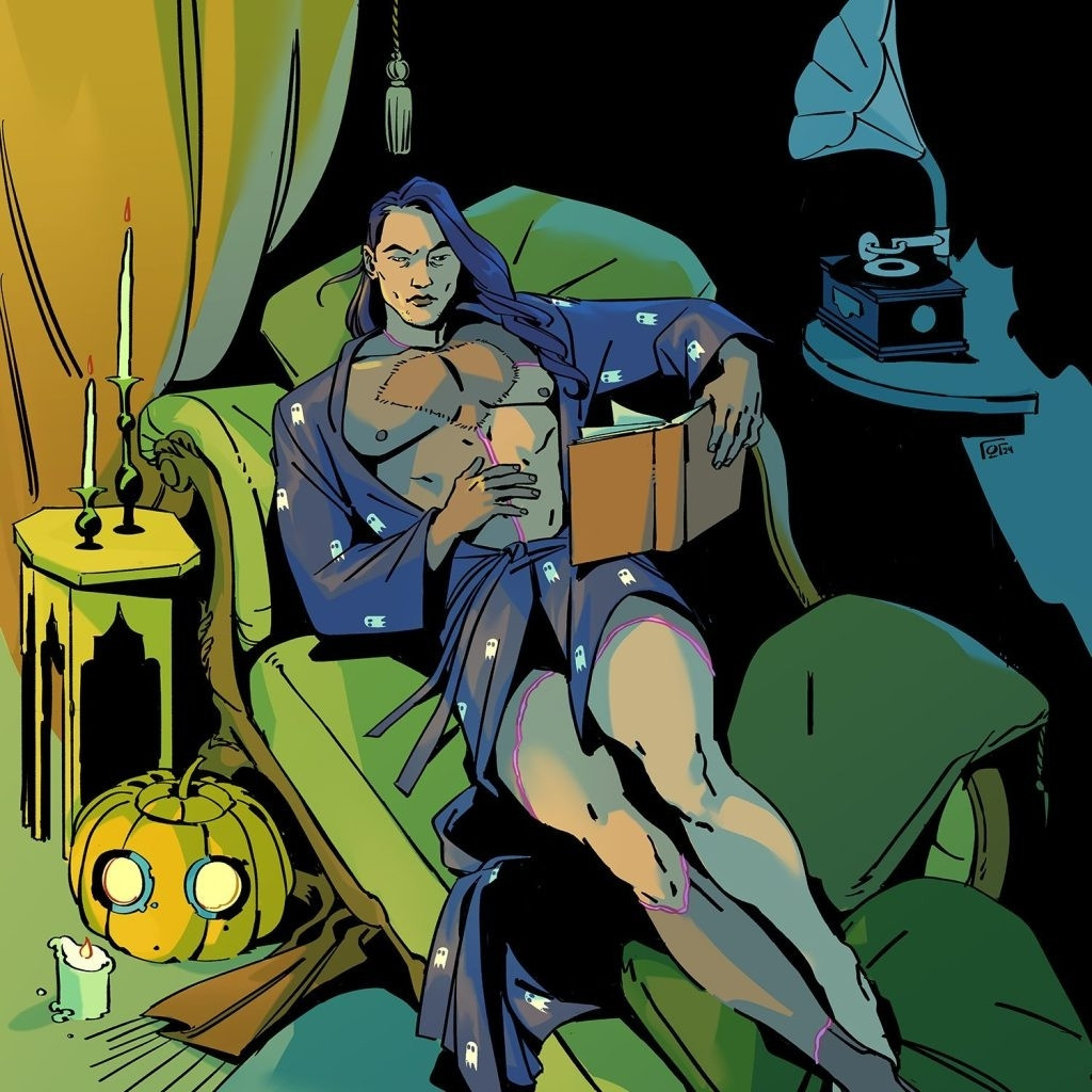 Pinup illustration of Adam Frankenstein for The Oddly Pedestrian Life of Christopher Chaos Halloween Special 