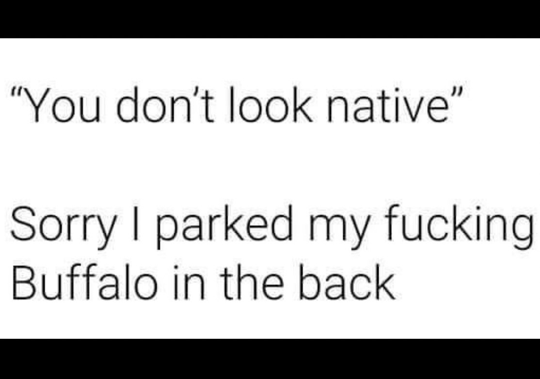 Statement - “You don’t look native.”
Response - “Sorry, I parked my fucking buffalo in the back.”