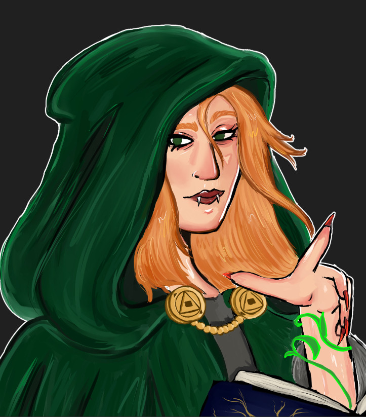 Red haired witch with in a green hood. Using her magic to control a plant that curls around her arm. Not my oc