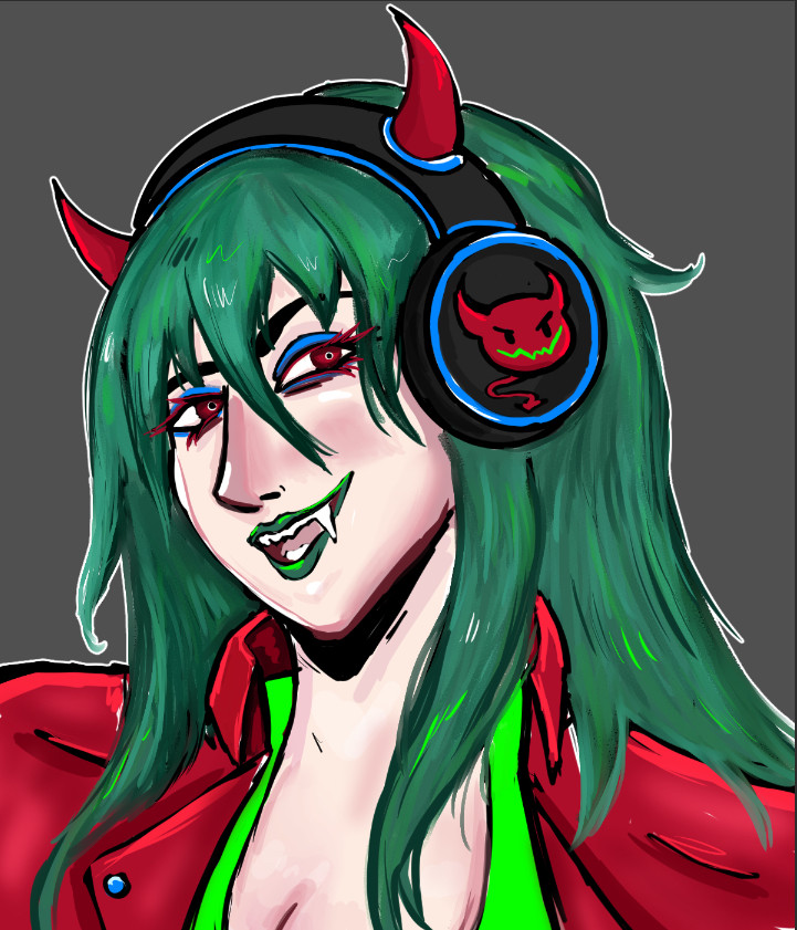 A grab haired gamer vampire who looks smug. Her headphones have a devil icon and her eyes have blue eyeshadow. Not my oc