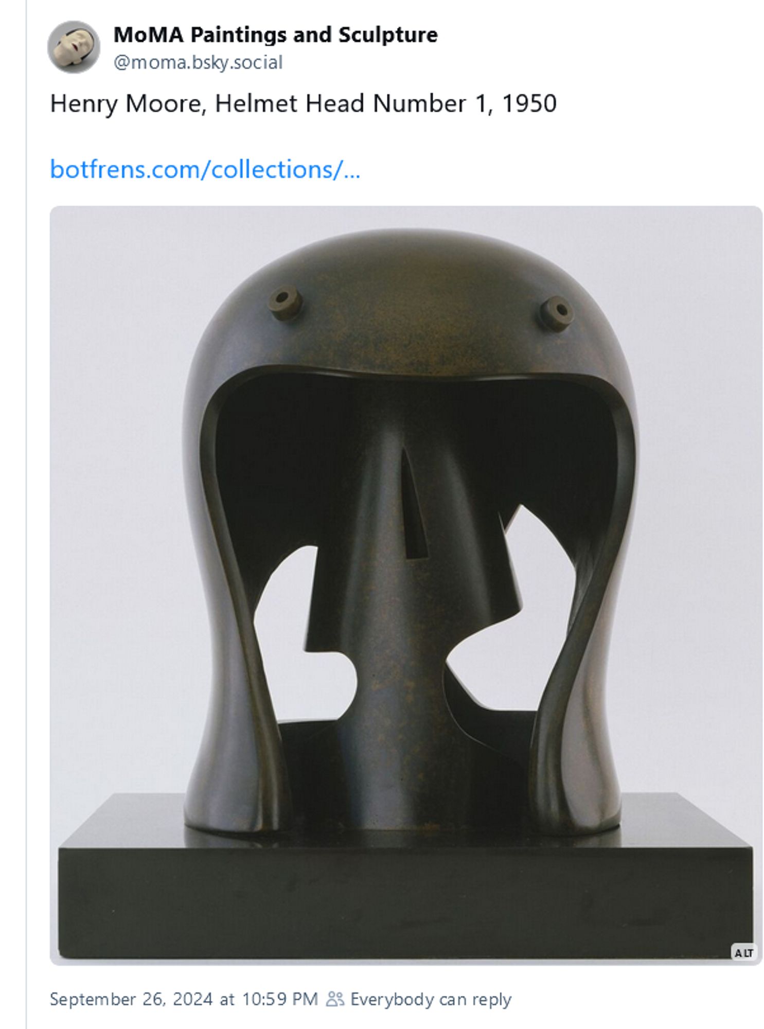 Screenshot of a Bluesky post by MoMA Paintings and Sculpture @moma.bsky.social picturing Henry Moore's sculpture Helmet Head Number 1, a sculpture made in 1950. It is a jet black helmet with two irregularly shaped cutouts that appear white.