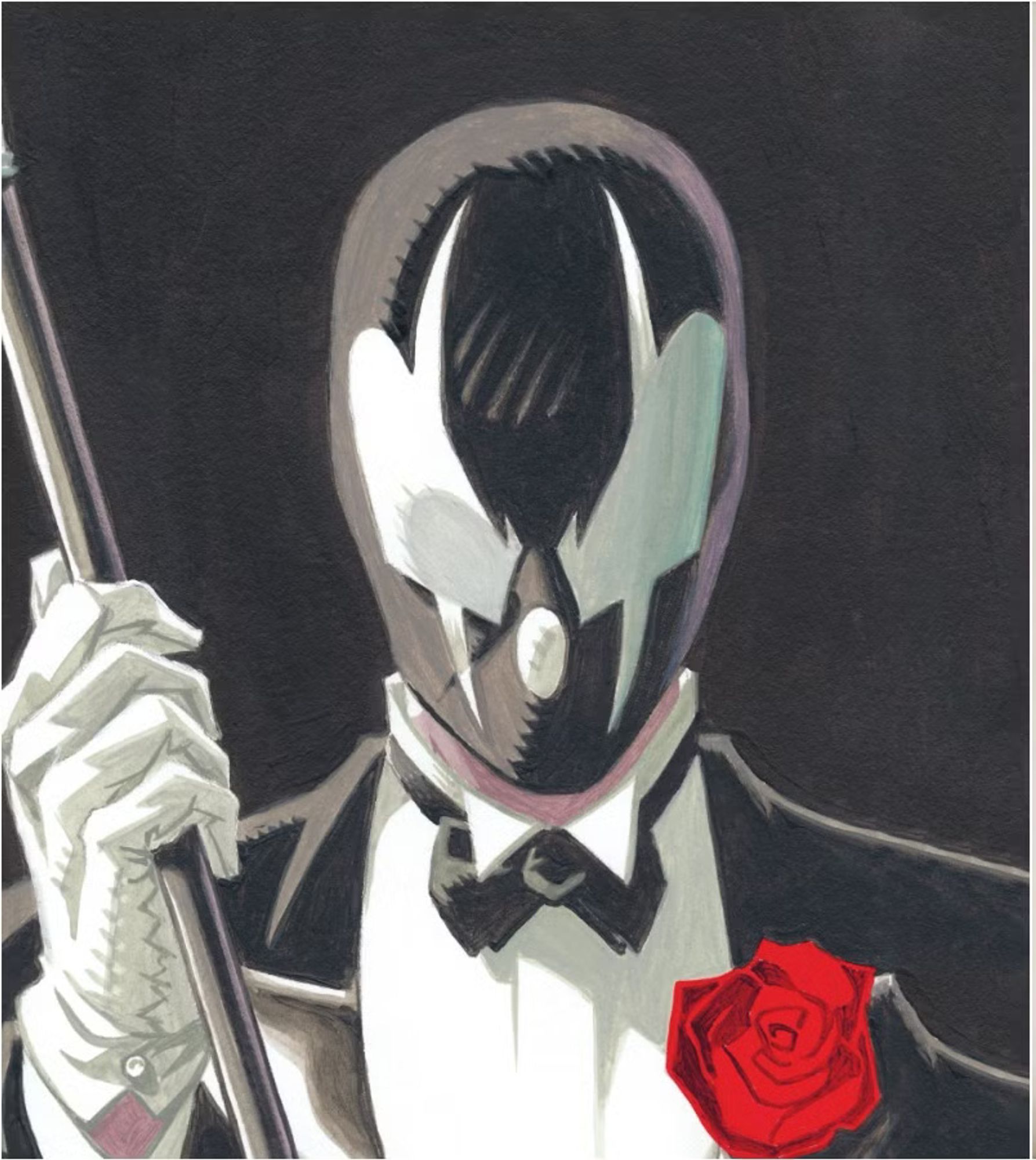 A picture of Grendel by Matt Wagner. He is wearing a black facemask with large, irregularly shaped white areas on either side, and a black tuxedu with a red rose as a boutonniere.