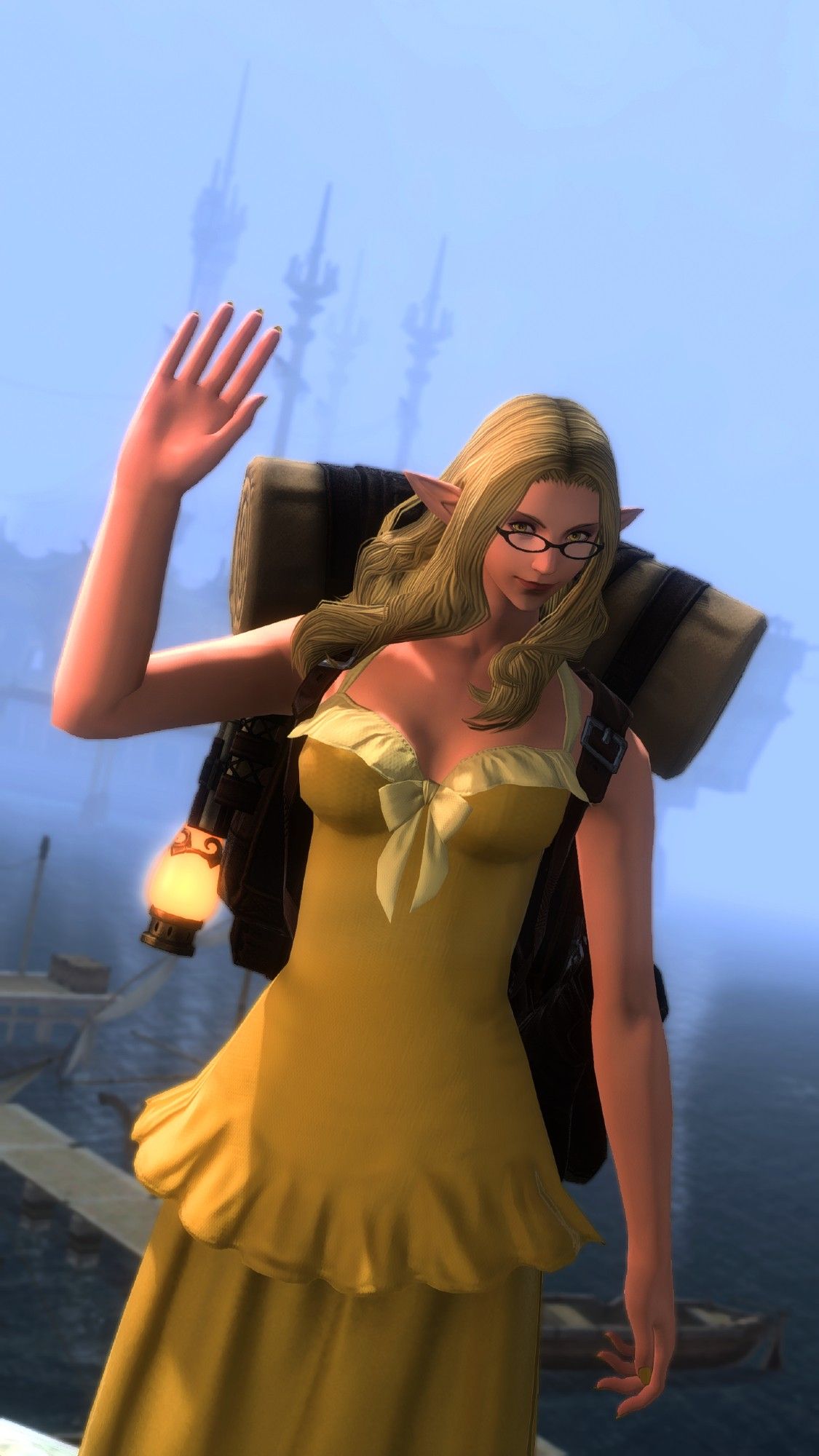 My FFXIV character, she is standing at the foggy Limsan Lominsan docks.
She has her right hand raised in farewell.
She is a blonde haired Elezen, with usual pointy ears, black small oval framed glasses are half way down her nose, not covering her yellow eyes. Her hair is wavey and loose in the sea breeze.
She is wearing a yellow swimsuit style dress, with lighter yellow straps, ascents across her chest and a bow in the centre. The dress flares out and a longer ankle length yellow skirt is underneath.
She has a giant Gleaner style knapsack on her back, with bedroll and orange lantern attached. Leather straps visible across her shoulders. 
She's clearly going on a journey.