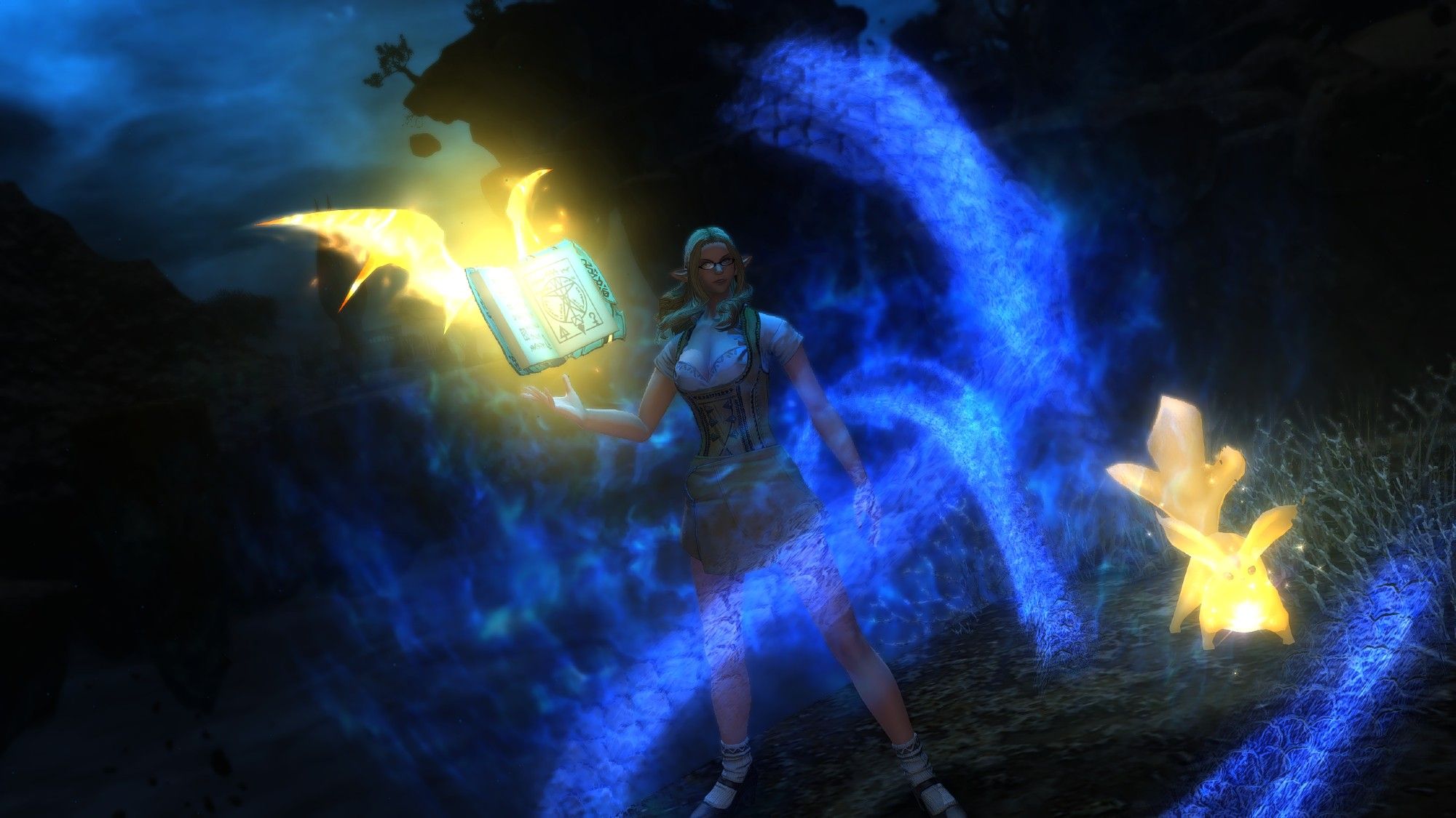 My FFXIV character is standing menacingly with a wide combat stance, one hand out stretched beside her manipulating the aether to let her book float a short distance out of her hand. Her book glows bright yellow with draconic wings emerging from the covers.
Her Topaz Carbuncle stands nearby in the darkness of The Churning Mists. 
Bright blue draconic energy swirls and enflames around her, casting shadows across her face.
She is a blonde haired Elezen, with usual pointy ears, small black framed glasses covering her yellow eyes. Her hair is wavey and loose. 
She is wearing a yellow corset top with big black stitching and details across its front, and straps that lead upto her shoulders. A white undershirt covers her bosom and shoulders. She has a very short yellow skirt on. She is wearing white ankle socks and shiny black heeled shoes with straps.