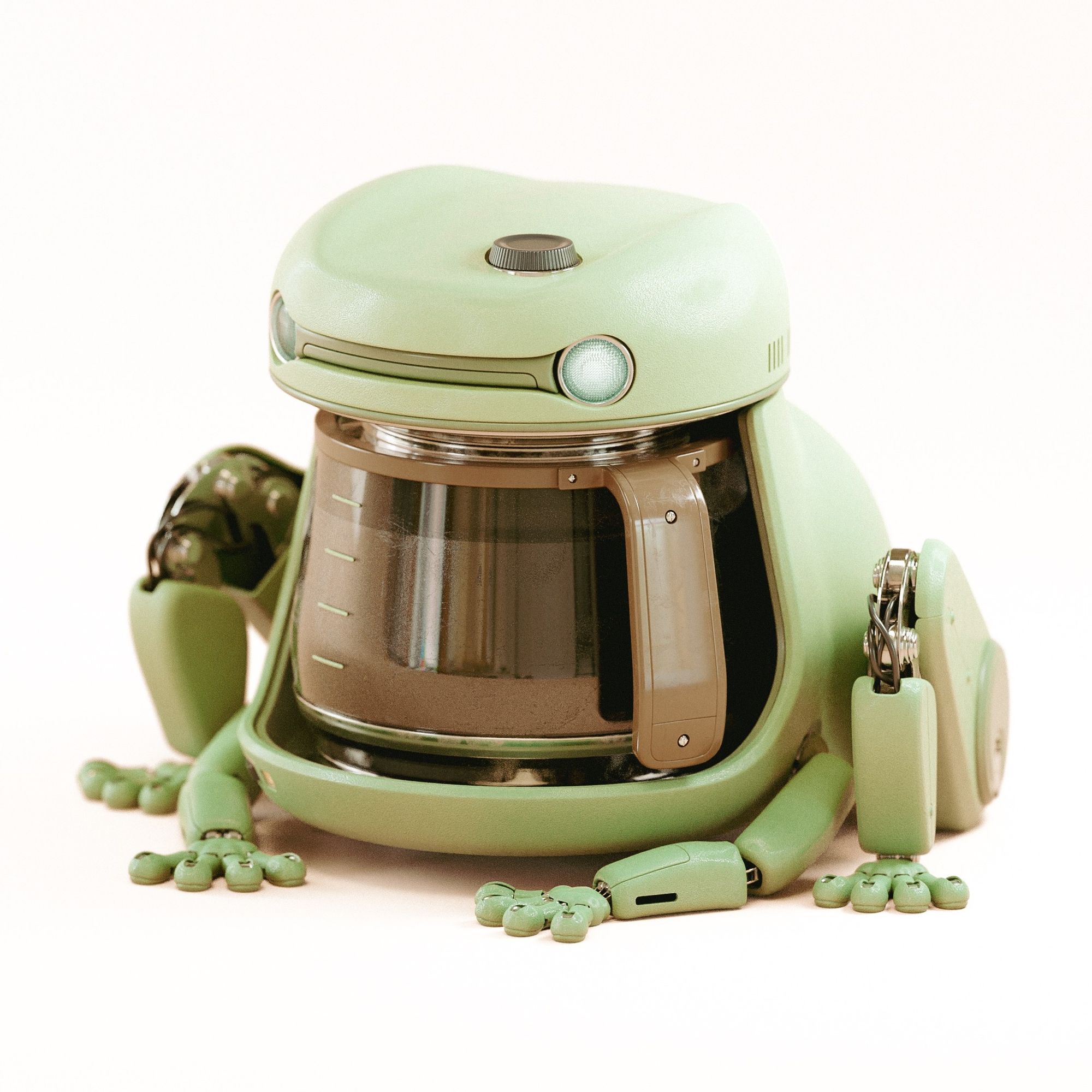 Cute robot frog with a coffee pot in his stomach and glowing eyes