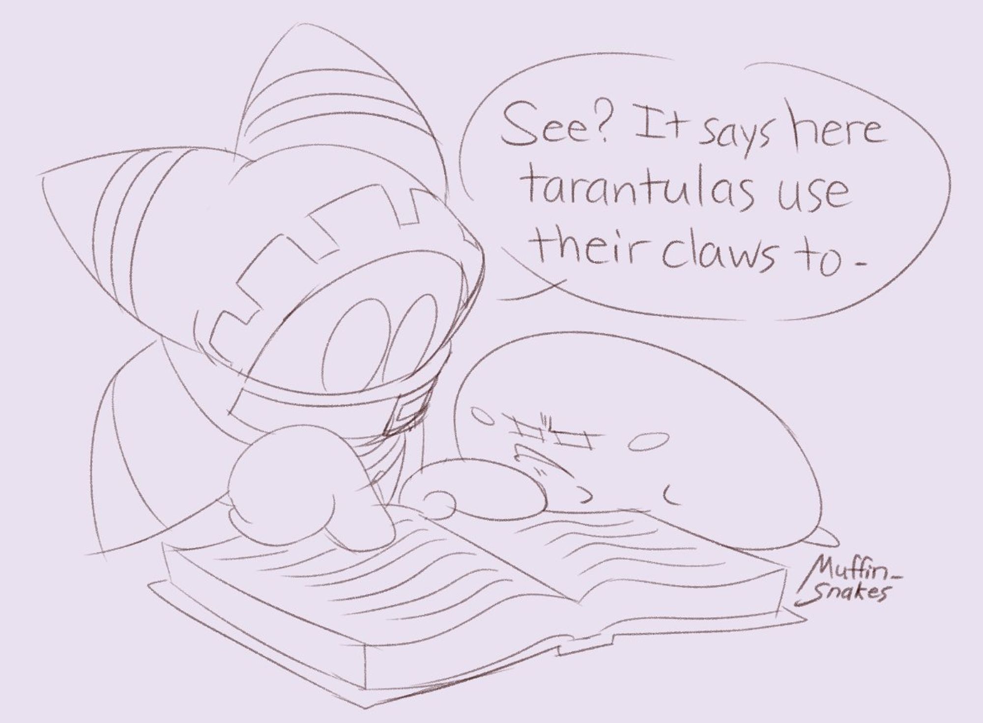 Drawing of Magolor reading a book about tarantulas to Kirby. Kirby looks and listens with suspicion
Magolor: "See? It says here tarantulas use their claws to-"