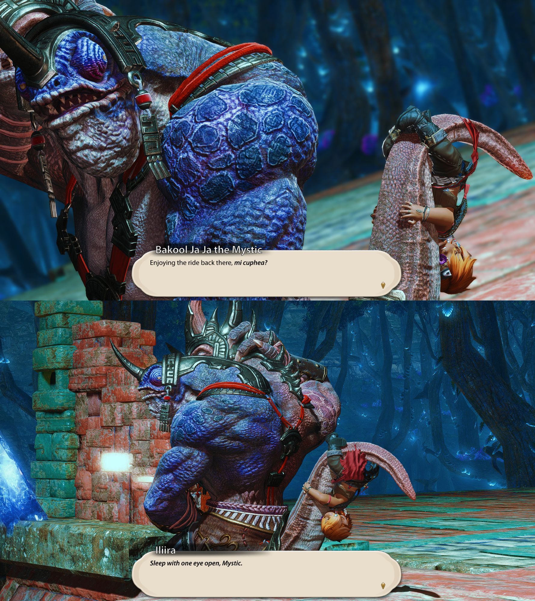 Upper picture: Dutch angle of Bakool Ja Ja the Mystic sitting on a ledge, looking back at an irate Iliira hanging from his tail with a smug smirk on his face. Mighty's cheeky grin is sadly obscured. The text box reads, "Bakool Ja Ja the Mystic: 'Enjoying the ride back there, mi cuphea?'"

Lower picture: Hip-level angle of the same scene, zoomed out slightly. The text box reads, "Iliira: 'Sleep with one eye open, Mystic.'"