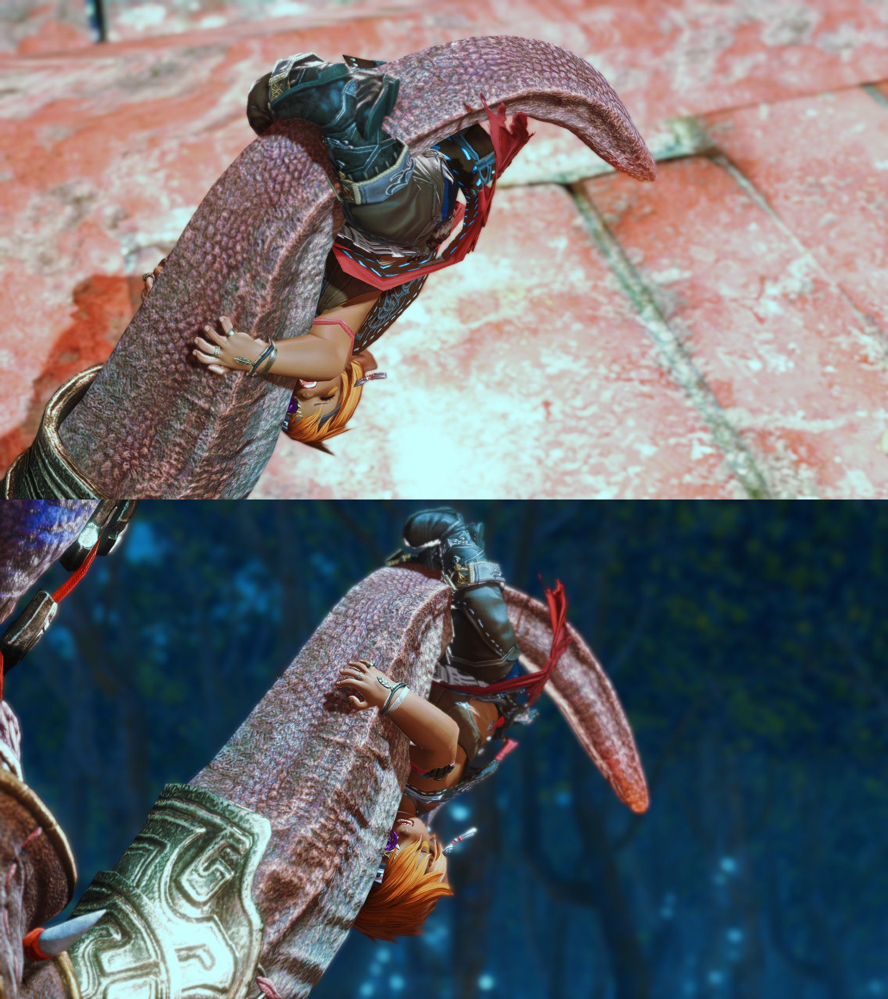 Upper picture: Bird's eye view of an offscreen-Bakool Ja Ja abruptly lifting his tail, a shocked Iliira mid-yelp hanging on for dear life.

Lower picture: Worm's eye view of the same subject, better view of the distress on Iliira's face.