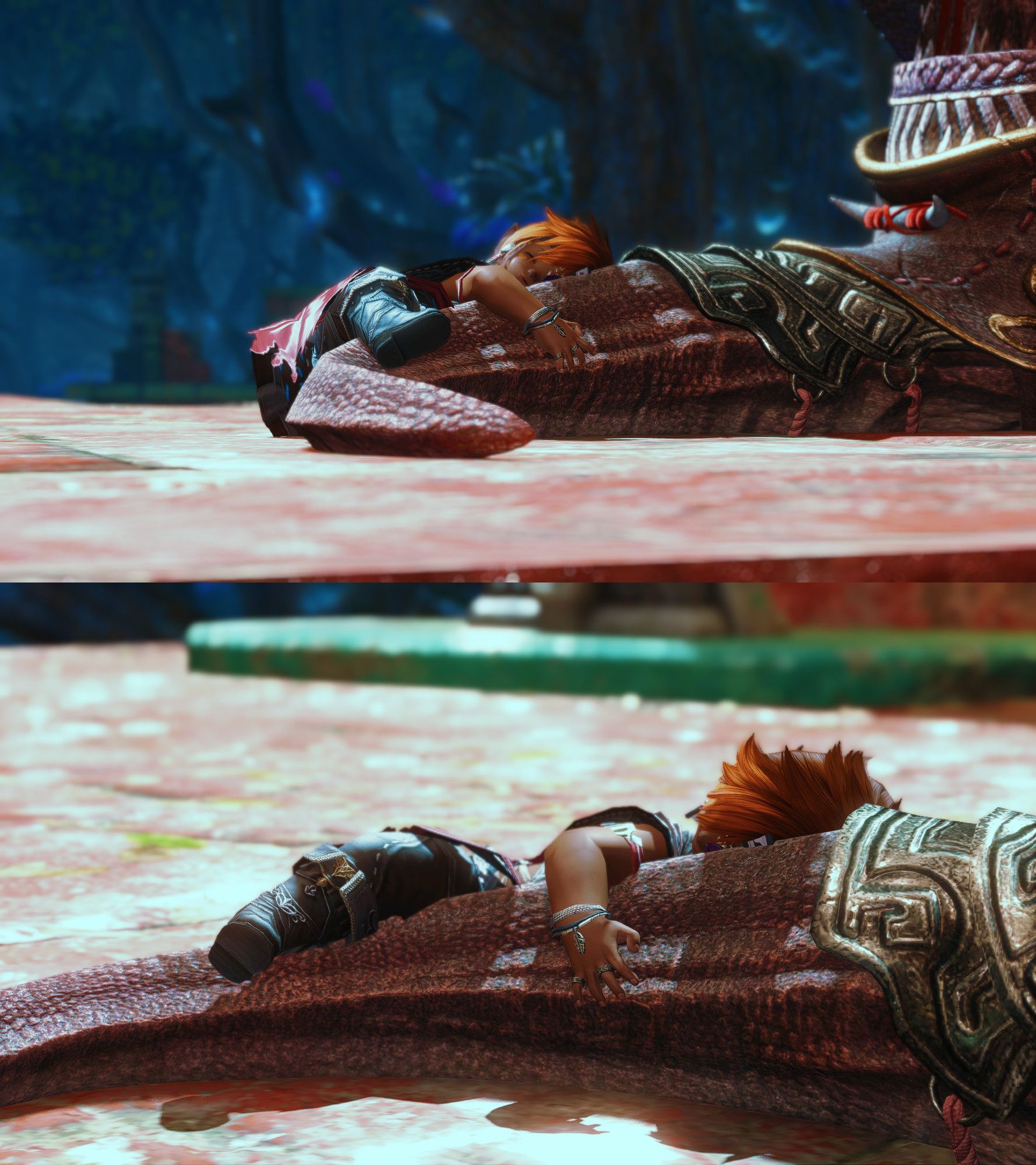 Two shots of a Dunesfolk Lalafell, Iliira Ashur, snuggling against an offscreen-Bakool Ja Ja's giant tail, both at differing angles.

She is content & in her element. His mood is unknown.