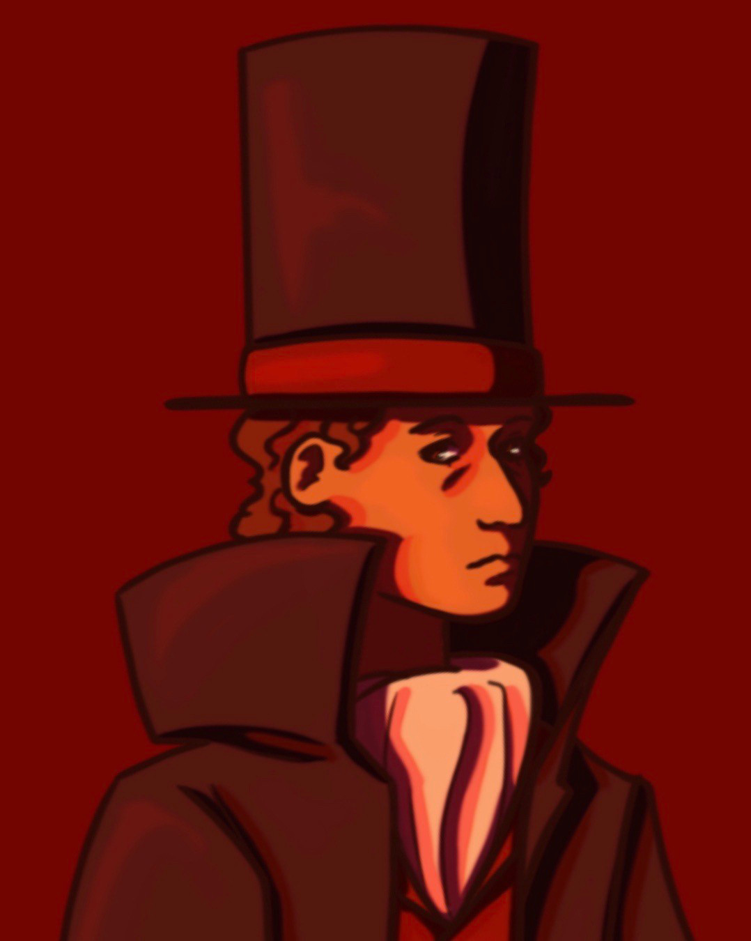 A bust drawing of Thyme’s Future Layton design. The background and overlay are dark red. He’s facing left but looking at the viewer.