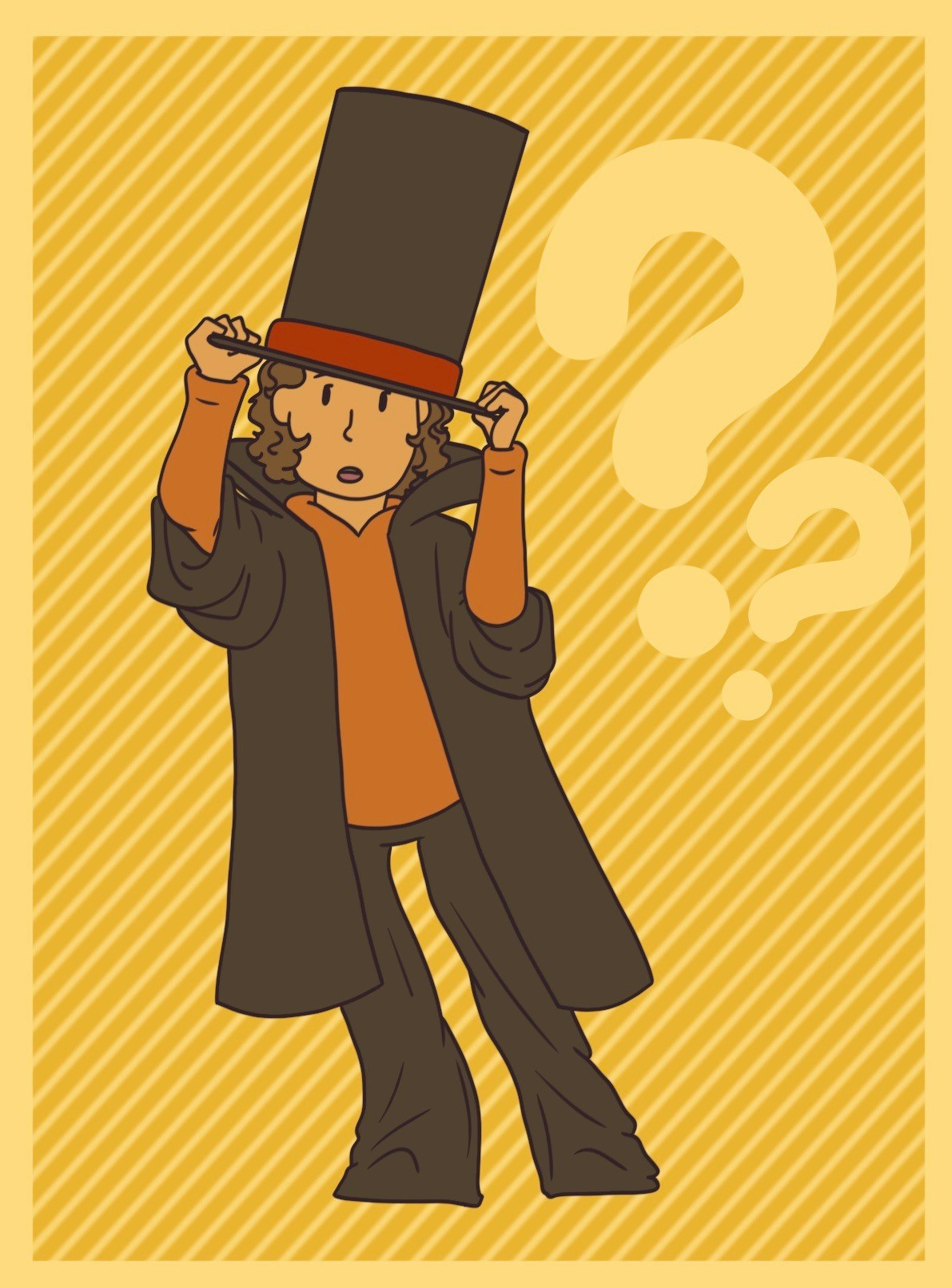 A drawing of a very young Hershel Layton. His outfit and hat are too large for him. The background is dark yellow with light yellow stripes