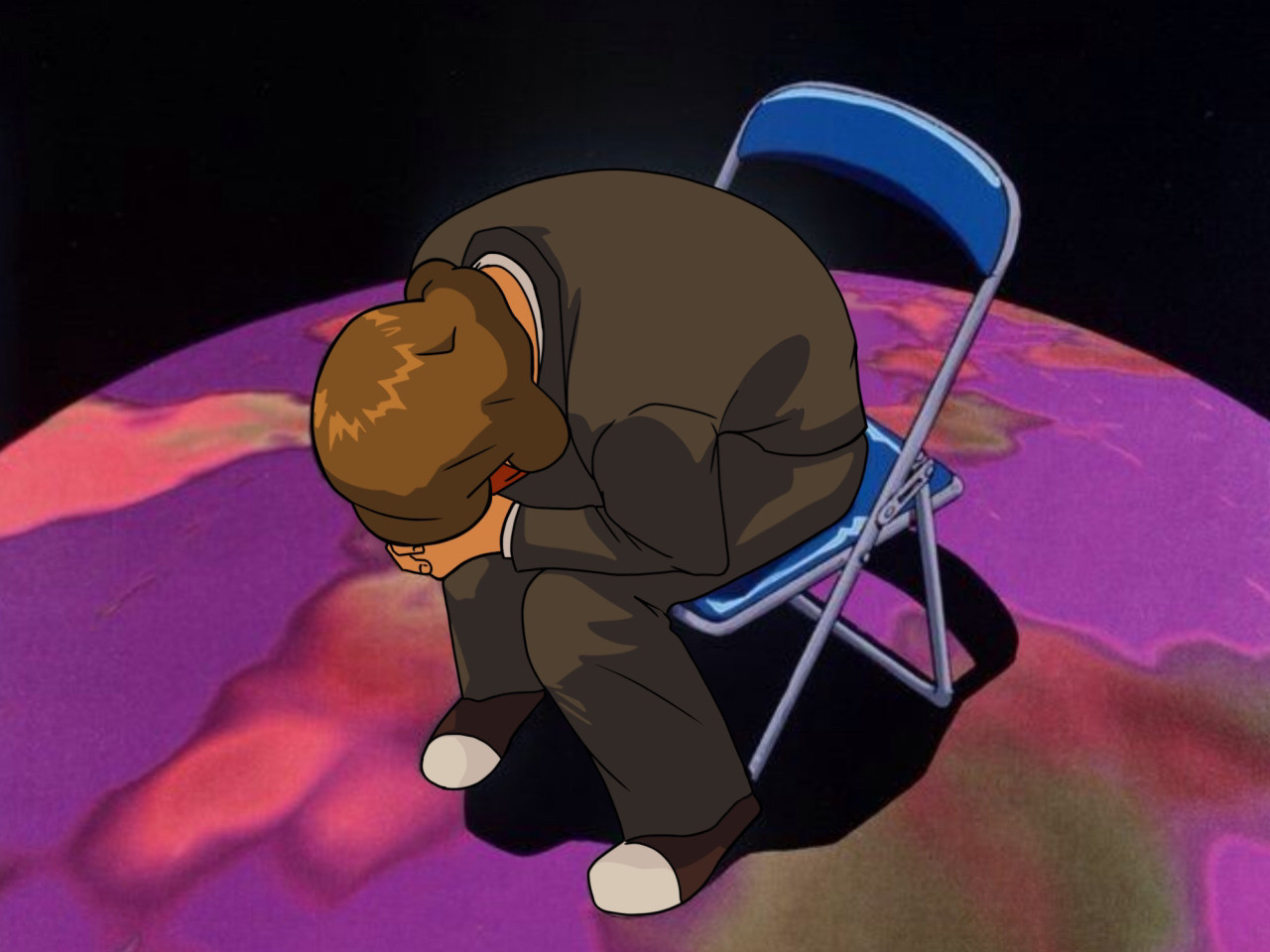 A redrawn meme of Shinji in the chair from Neon Genesis Evangelion. Instead it’s Desmond Sycamore in the same pose