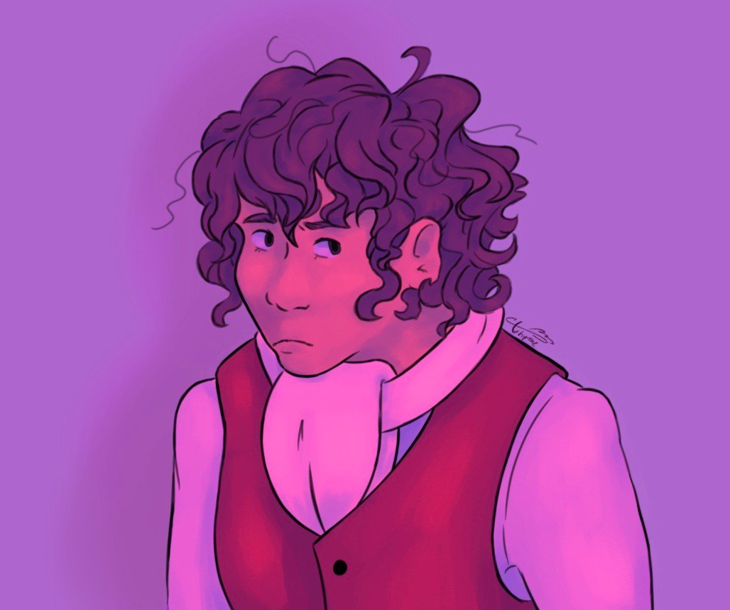 A bust drawing of university-era Hershel without his hat. He’s wearing a sheepish expression and looking away from the viewer. The background is purple and there’s a pink overlay.