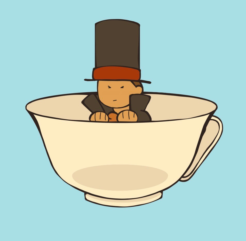 A drawing of a chibi Hershel sitting in a teacup. 