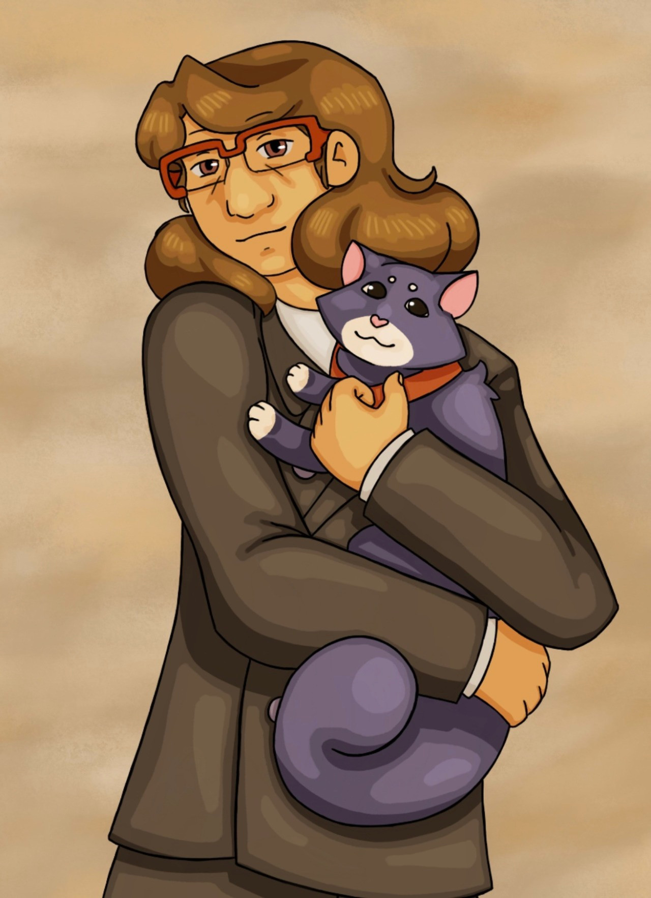 A portrait style of Desmond and Keats from the waist up. He’s holding Keats to his chest and smiling.